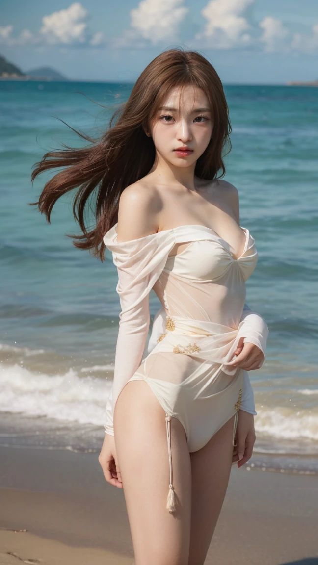 best resolution,Wearing a white hoodie blowing in the wind in the clear blue sea、woman wearing thong panties、Looking up from below, panties and ass visible, standing on the waves。her hair is long、shine white、cute hairstyle