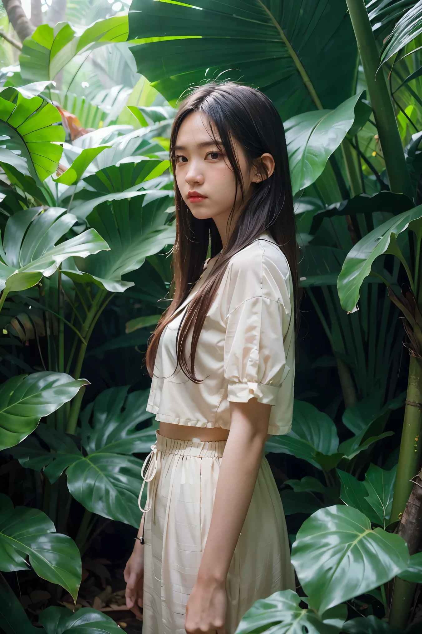 1girl standing in a jungle with plants, artwork in the style of guweiz, inspired by Yanjun Cheng, in a tropical forest, by Yang J, in the art style of Bowater, 🌺 society, loish and ross tran, in a jungle, by Ni Tian, by Ryan Yee, loish and wlop