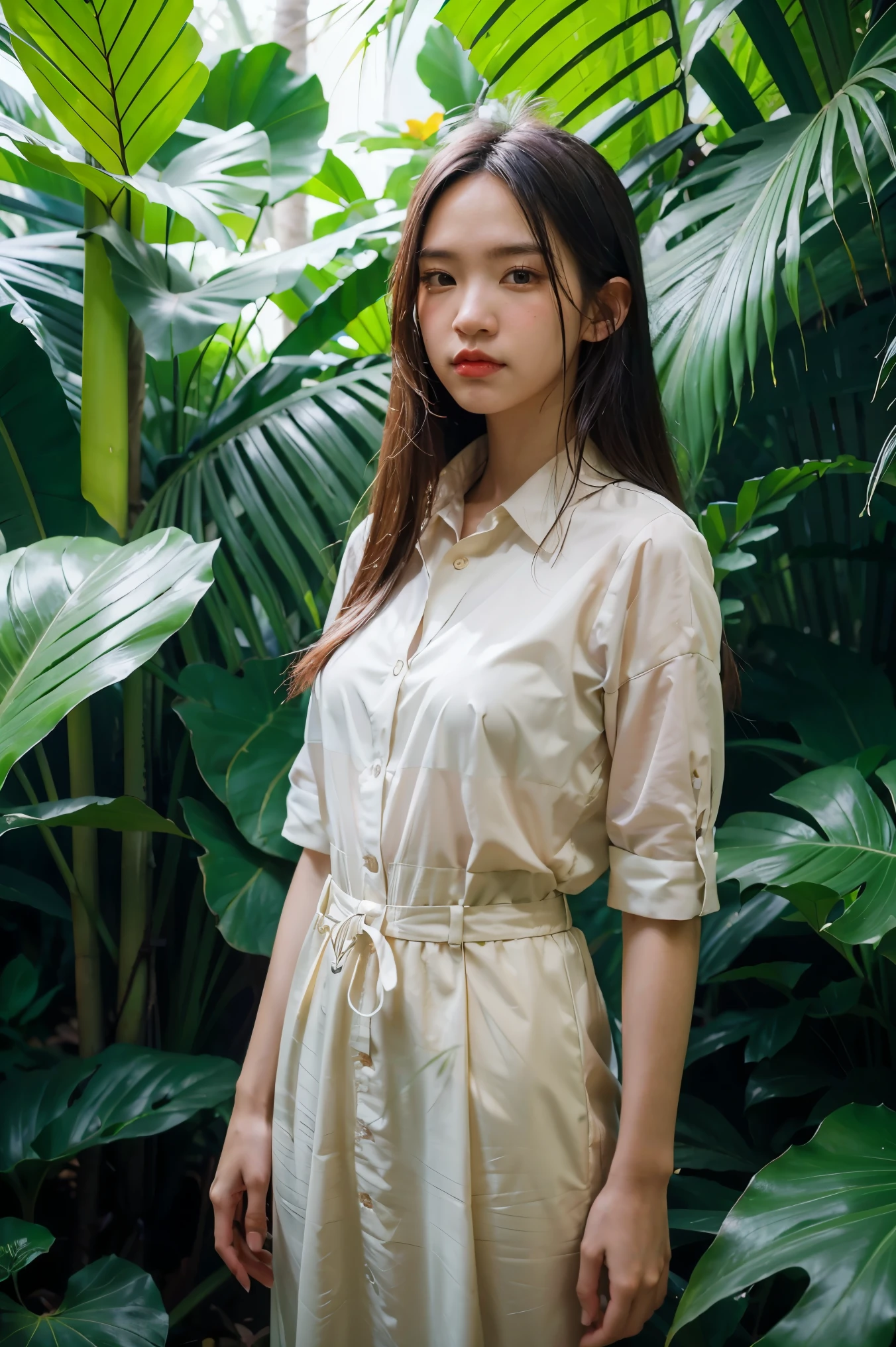 1girl standing in a jungle with plants, artwork in the style of guweiz, inspired by Yanjun Cheng, in a tropical forest, by Yang J, in the art style of Bowater, 🌺 society, loish and ross tran, in a jungle, by Ni Tian, by Ryan Yee, loish and wlop