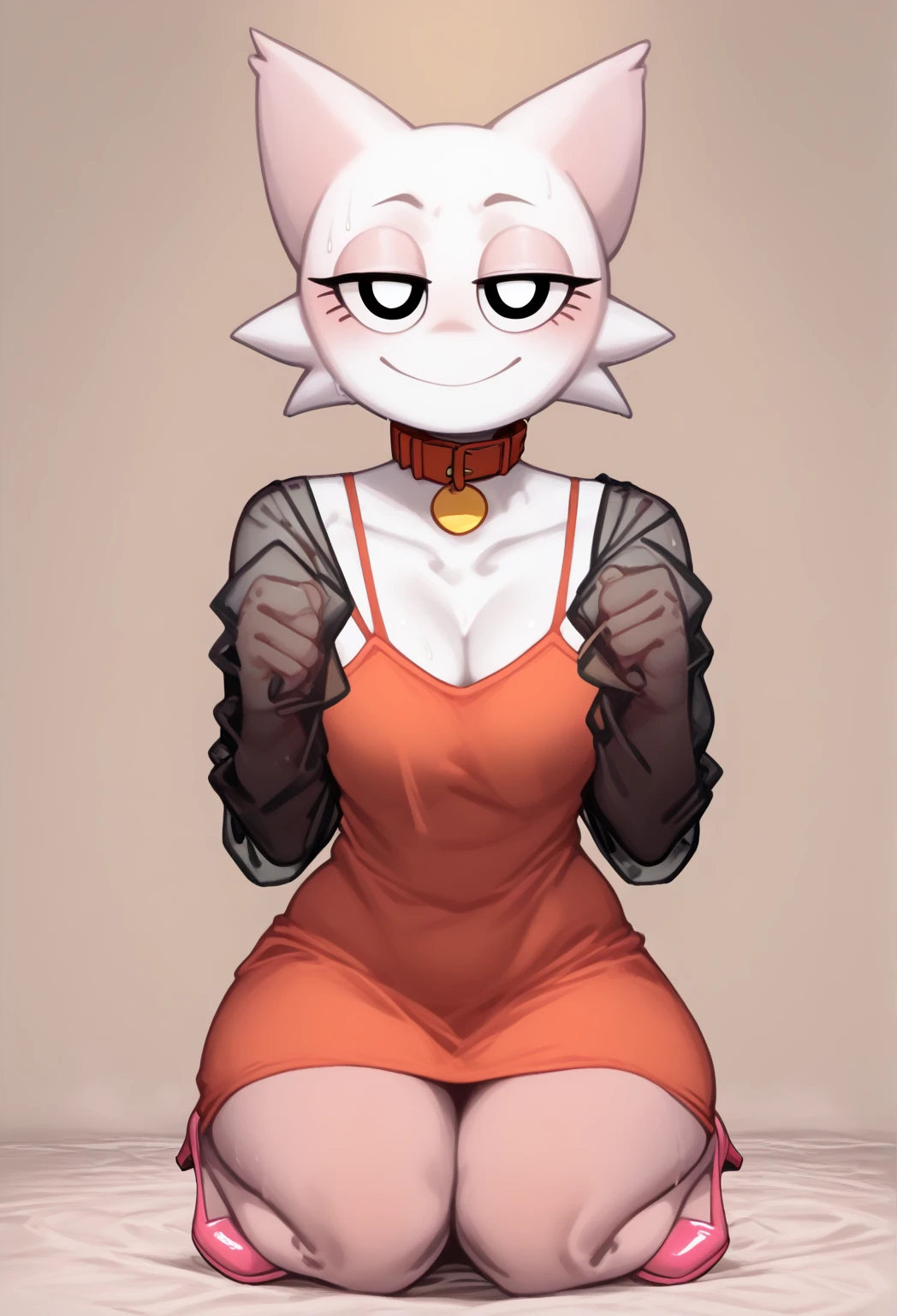 score_9, score_8_up, score_7_up, score_6_up, score_5_up1, score_4_up, 1girl, furry, ((3/4 full body view, looking at viewer)), (Masterpiece, Best Quality), (8k, Ultra Detailed), ((full body, kneeling posture)), tired expression, hot, sweat, sweating,((no nose)), 1girl, furry, no human girl, white skin, (black eyes with big white pupils), no human, smile, realistic proportions, good anatomy, skindentation, anthropomorphic features, white circular face, half-closed eyes, sharp triangular ears, spiky whisker-like protrusions, minimalistic design, monochromatic palette, cat ears, wenda, no humanoid ears, circular head, no humanoid ears,black eyes, white pupils, white skin, wenda sprunki, furry, smile, anthropomorphic, humanoid, orange short skirt, well-fitted orange short skirt, ((black translucent turtleneck, black turtleneck combined black tank top, black sleeves, translucent sleeves, transparent sleeves, transparent neckline, with translucent neckline, black sleeves, black translucent long sleeves, translucent neckline, spaghetti strap black)), light brown heels, heels, ((red dress, with white collar, striped pantyhose, flared dress, pink and white striped tights, simple pink shoes, light red striped dress)),