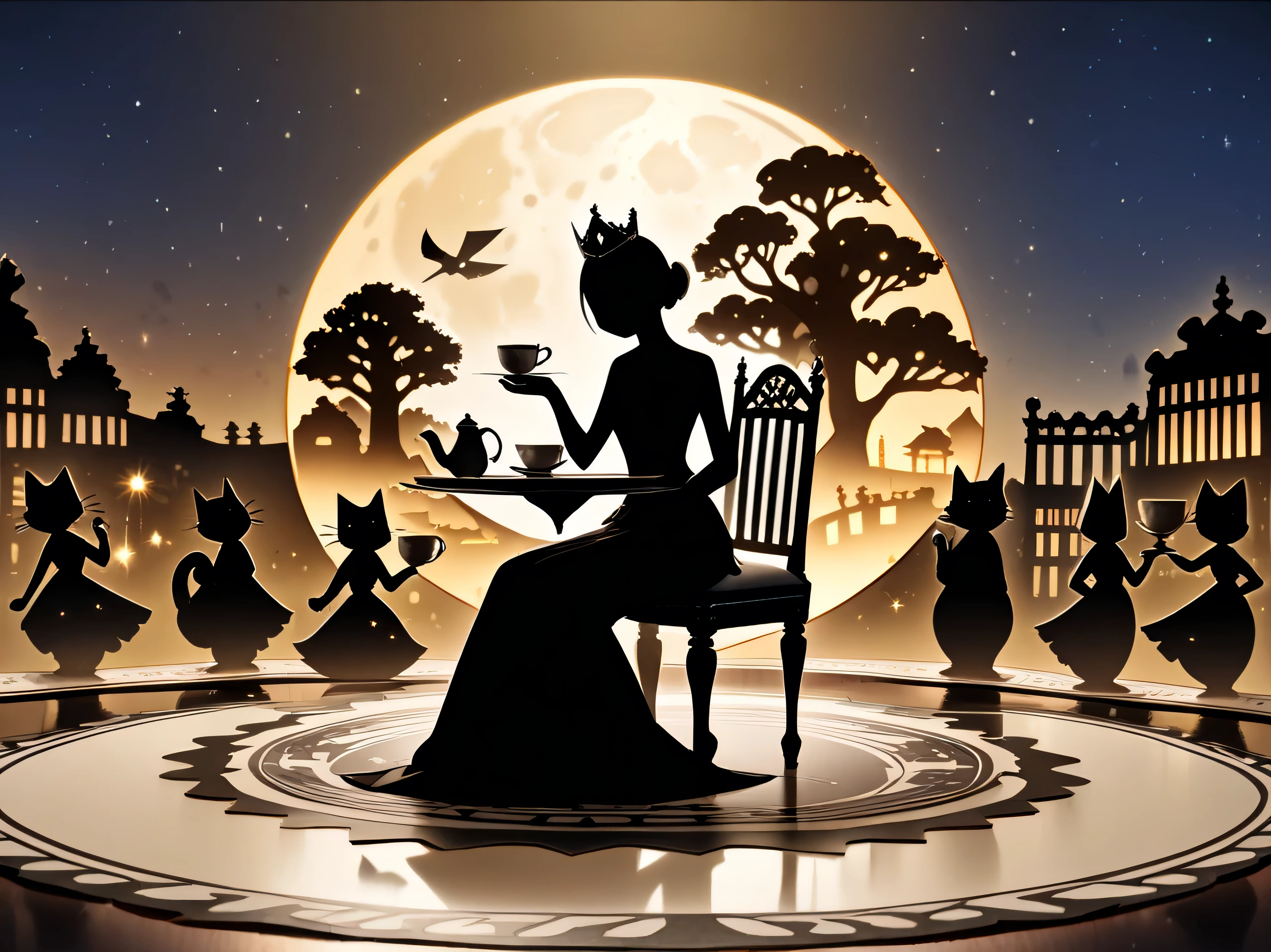 ((Black Silhouette Art)), ((Top Quality, Paper cutting, The world of paper cutting)), ((Excellent)), (highly detailed background, lighting), (1girl & 1cat) BREAK (1girl, Full body jet black, princess, black silhouette, Egyptian mural-like appearance, Beautiful dress, coronet, No mouth, holding a white teacup and plate, Sitting in an antique chair) BREAK (1cat\Cat butler\Cait Sith\Full body jet black, Tuxedo, Solemn expression, Stay close to the woman) BREAK (Night tea ceremony, moon, night sky: 1.4, Teapot, Pour tea into a teacup, graceful silhouette , Graceful Pose, Rose Garden)