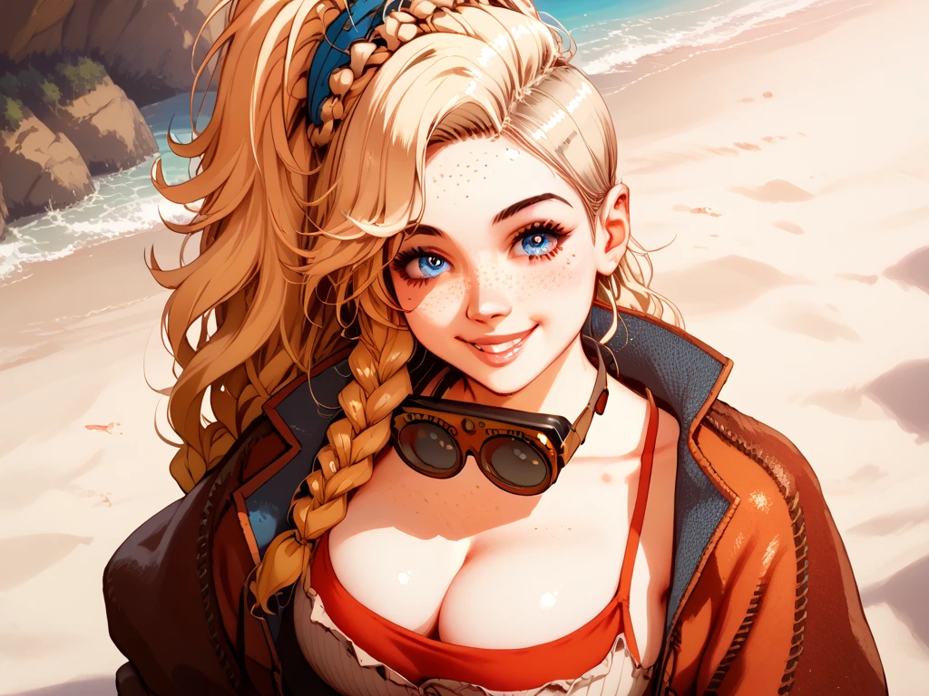 best quality, masterpiece, 4k, absurd res, UHD, ultra-detailed, detailed eyes, detailed skin, detailed hair, detailed face, (face of Evangeline Lilly:Blake Lively), detailed fabric, (1 young beautiful girl, solo:1.1), Yamato (one piece), (multicolored hair, long hair, white hair, aqua hair, two-tone hair, high ponytail, hair stick, hair ornament), (natural big breasts:1.2), (sideboob:1.2), (shimenawa, Japanese clothes with shimenawa, rope, sleeveless kimono, bare arms, kimono, sleeveless, oni, bare shoulders, hakama), (curled horns, red horns, multicolored horns), (happy smile:1.2), earrings, jewelry, (big eyes, brown eyes), collarbone, cowboy shot, v-shaped eyebrows, ((hourglass shape)), sexy pose, ((NSFW))