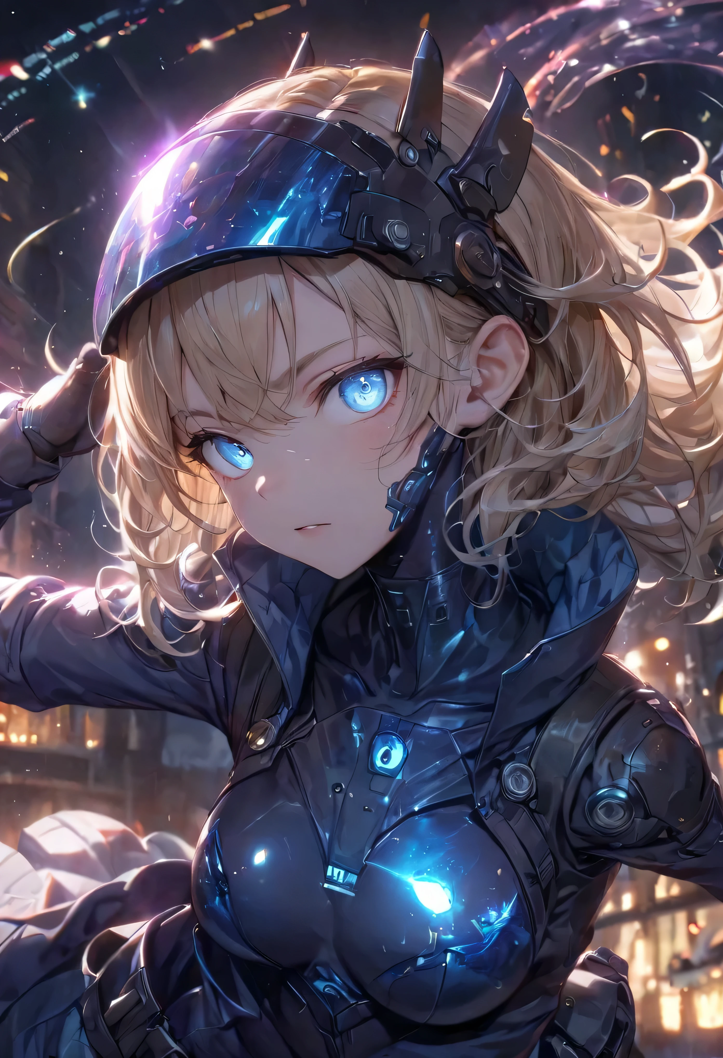 (Holographic glow effect), Top Quality, (Ultra High Resolution), Japanese female,Small face,Cute, ((Blue glowing eyes): 1.2), Mechanical eyes, Glowing eyes, Fine eyes, Futuristic glow eyes, Well shaped eyes, Highly detailed face, Cowboy shot, Spaceship, (Navy blue enamel glossy hard coat tactical cyber , Navy blue enamel glossy hard coat tactical cyber helmet, Detailed visor, Navy blue enamel glossy hard coat tactical holster, Navy blue enamel glossy elbow-length hard coat tactical gloves, Navy blue enamel glossy hard coat tactical long boots), Standing with , (Cinematic lighting), ((Full body)), (High kick: 1.5),A young fighter performing a high kick. Dynamic, sparkling water rings surround her, radiating energy for a vibrant, intense atmosphere. The background features a dramatic urban nightscape with scattered sparks and reflections. The overall art style is highly detailed and anime-esque, featuring vibrant lighting and realistic textures. Light swirls and wind swirls surround her body. Glittering railroad tracks. Sunlight filtering through stained glass, moonlit background, pillars of light piercing the heavens, castles in the sky, heroine, and cinematic lighting.