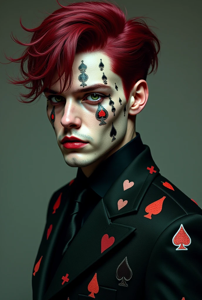 a close up of a person holding playing cards with hearts on them, cute emo guy, trash polka, poker face, goth clown girl, poker, [ tarot card ]!!!!!, sullen old maid ( redhead, as a tarot card, crimson red hair and red eyes, cutecore clowncore, trickster, vaudevillian, playing cards, emo makeup