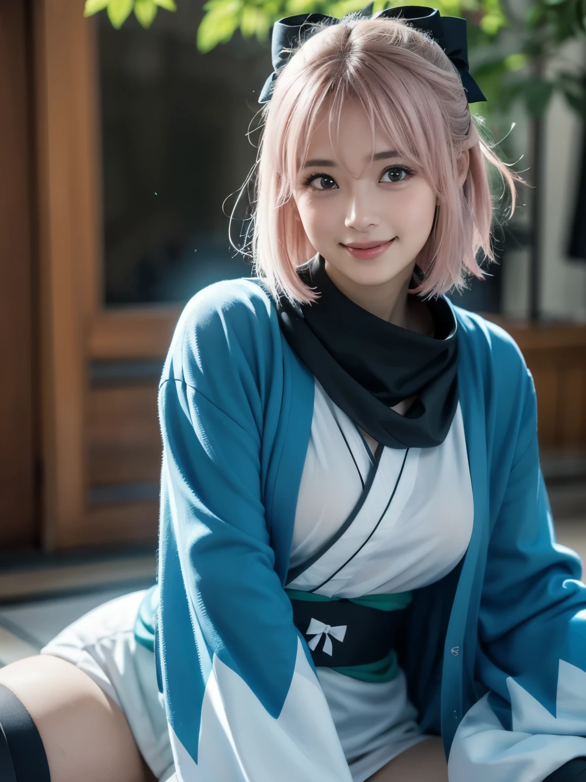 1girl, solo, (cute Japanese girl), ager, Slender Body, Low Height, pointy breasts, (smile:1.2), Looking at camera,
break
upper body, (portrait:1.2), Seductive pose, Spread legs, head on hand,
break
Professional photo-realistic images, (16k, RAW photo, best quality, masterpiece:1.2), (realistic, photo-realistic:1.4), (extremely detailed 8k wallpaper), sharp focus, depth of field, blur background, bokeh, cinematic lighting, soft light, High resolution 16k close-up of human skin, ng_deepnegative_v1_75t, Beyondv4,
break
okita souji, (((ahoge, pink hair, hair between eyes, hair bow, short hair, yellow eyes))),
break
arm guards,wide sleeves,toeless legwear,bangs,obi, white kimono, shinsengumi, ((black thighighs,thighhighs)) , short kimono, haori, black bow, ((black scarf, scarf)), hairbow, bow, kimono, japanese clothes, naked kimono,