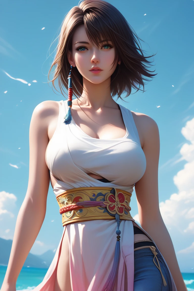 (best quality), (Super detailed), (Best Illustration Award), (masterpiece), Fraction_9, Fraction_8_Direction_7_up, (4K), (Not suitable for working hours), (1 female), (Completely naked), (Large Breasts), {Brown hair, (temple), (Bob Cut:1.3), curls, Hair between the eyes, Colored undercoat}, {(Delicate eyes), heart-shaped pupils, blue eyes}, Open your mouth, Awkward, Red and swollen nose, earrings, Sweat,full-body shot，Short shorts
