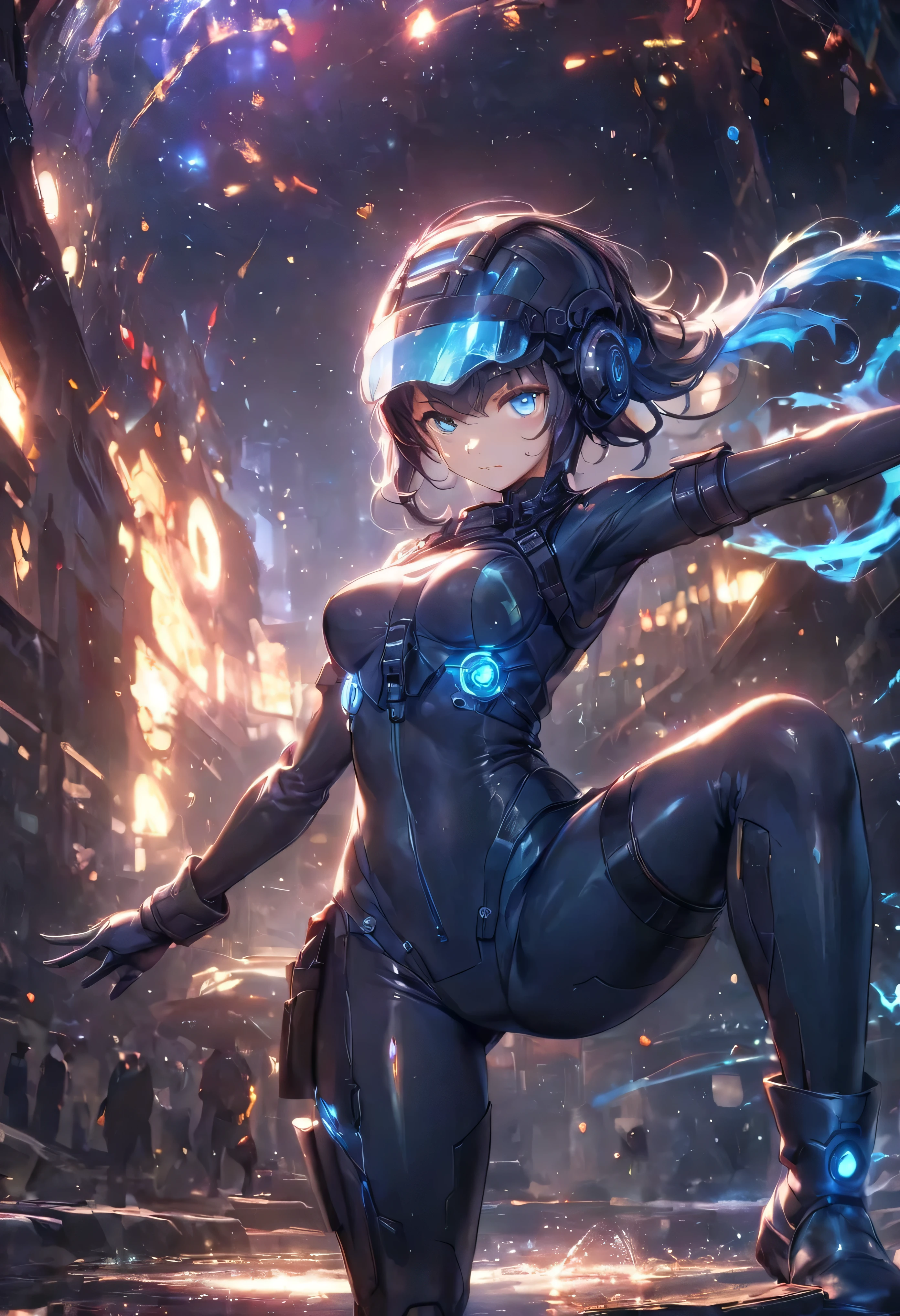 (Holographic glow effect), Top Quality, (Ultra High Resolution), Japanese female,Small face,Cute, ((Blue glowing eyes): 1.2), Mechanical eyes, Glowing eyes, Fine eyes, Futuristic glow eyes, Well shaped eyes, Highly detailed face, Cowboy shot, Spaceship, (Navy blue enamel glossy hard coat tactical cyber , Navy blue enamel glossy hard coat tactical cyber helmet, Detailed visor, Navy blue enamel glossy hard coat tactical holster, Navy blue enamel glossy elbow-length hard coat tactical gloves, Navy blue enamel glossy hard coat tactical long boots), Standing with , (Cinematic lighting), ((Full body)), (High kick: 1.5),A young fighter performing a high kick. Dynamic, sparkling water rings surround her, radiating energy for a vibrant, intense atmosphere. The background features a dramatic urban nightscape with scattered sparks and reflections. The overall art style is highly detailed and anime-esque, featuring vibrant lighting and realistic textures. Light swirls and wind swirls surround her body. Glittering railroad tracks. Sunlight filtering through stained glass, moonlit background, pillars of light piercing the heavens, castles in the sky, heroine, and cinematic lighting.