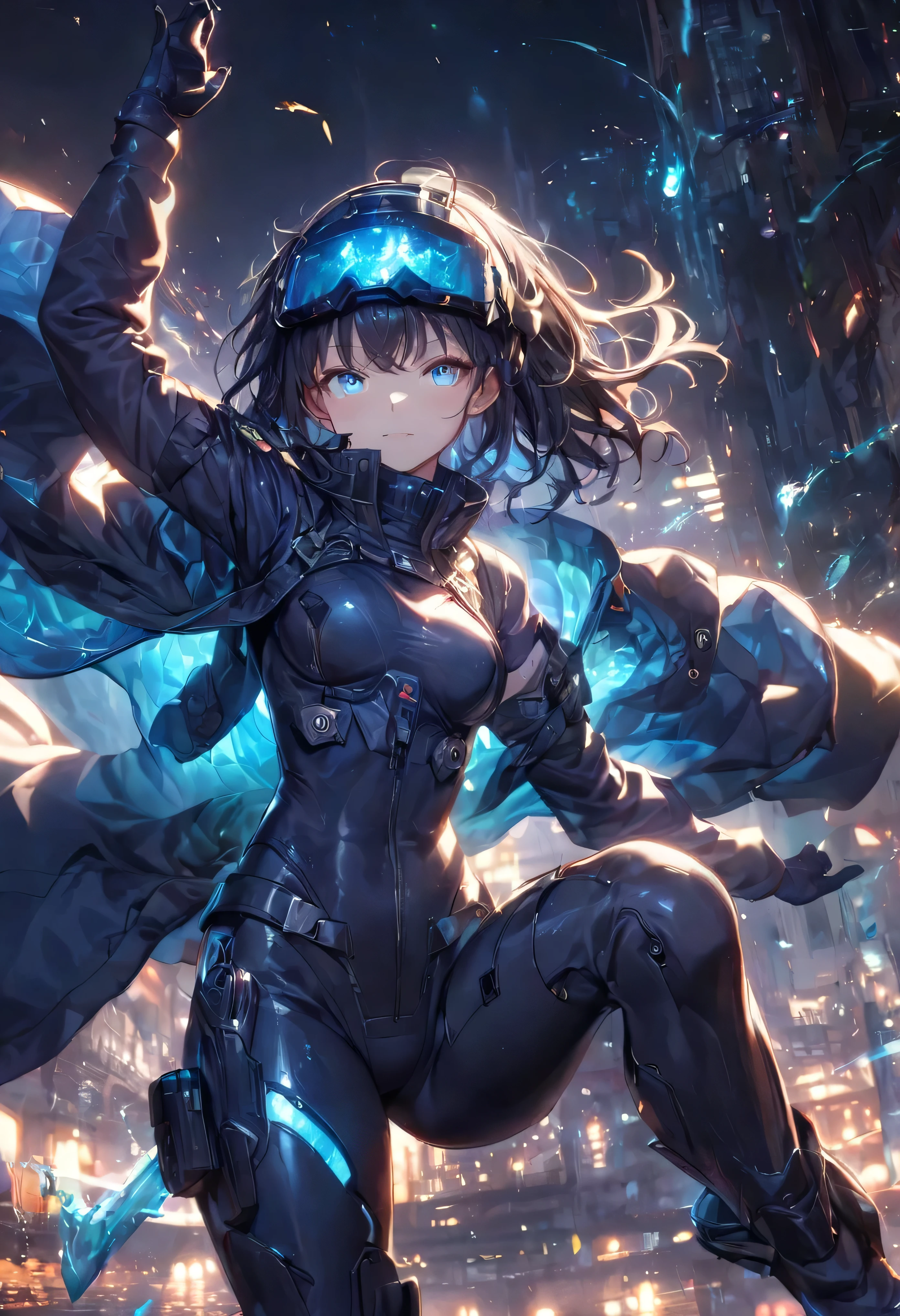 (Holographic glow effect), Top Quality, (Ultra High Resolution), Japanese female,Small face,Cute, ((Blue glowing eyes): 1.2), Mechanical eyes, Glowing eyes, Fine eyes, Futuristic glow eyes, Well shaped eyes, Highly detailed face, Cowboy shot, Spaceship, (Navy blue enamel glossy hard coat tactical cyber bodysuit, Navy blue enamel glossy hard coat tactical cyber helmet, Detailed visor, Navy blue enamel glossy hard coat tactical holster, Navy blue enamel glossy elbow-length hard coat tactical gloves, Navy blue enamel glossy hard coat tactical long boots), Standing with legs apart, (Cinematic lighting), ((Full body)), (High kick: 1.5),A young fighter performing a high kick. Dynamic, sparkling water rings surround her, radiating energy for a vibrant, intense atmosphere. The background features a dramatic urban nightscape with scattered sparks and reflections. The overall art style is highly detailed and anime-esque, featuring vibrant lighting and realistic textures. Light swirls and wind swirls surround her body. Glittering railroad tracks. Sunlight filtering through stained glass, moonlit background, pillars of light piercing the heavens, castles in the sky, heroine, and cinematic lighting.