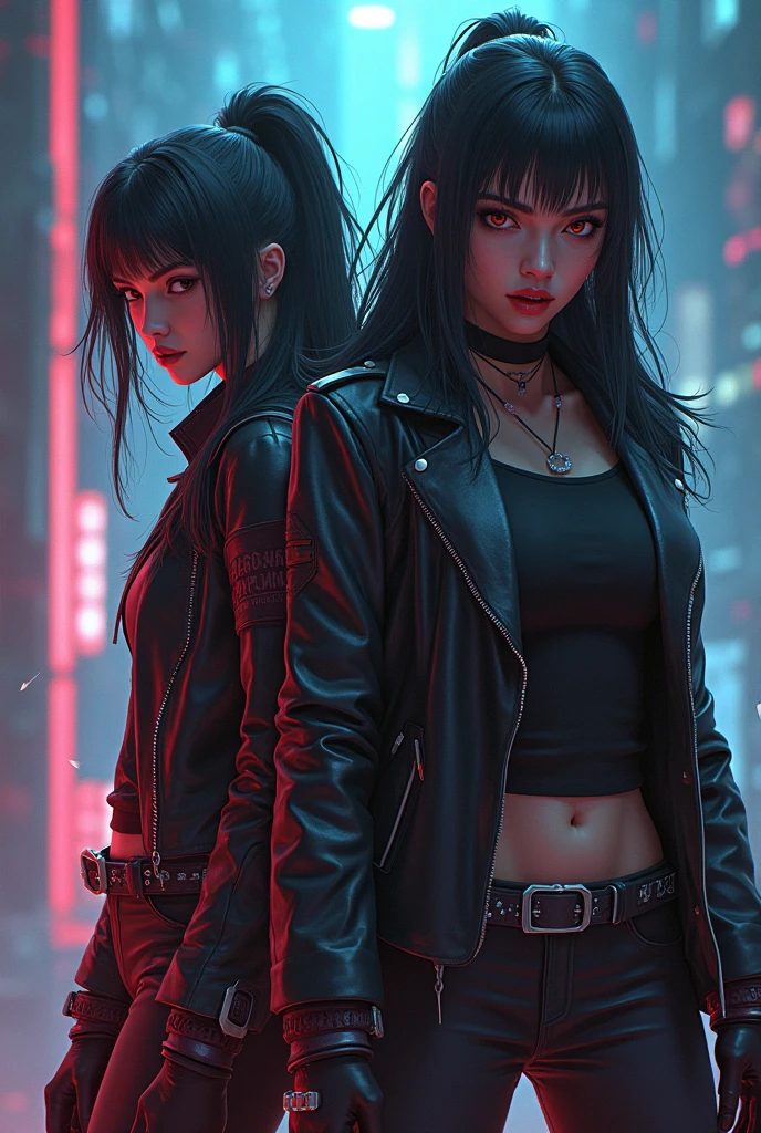 Artwork, une fille, gangster, Yakuza, tatouage sur tout le corps, dressed in black, regard agressif, Brown eyes, black hair tied, two sabers in the back, cyberpunk dark fantasy, epic, colored