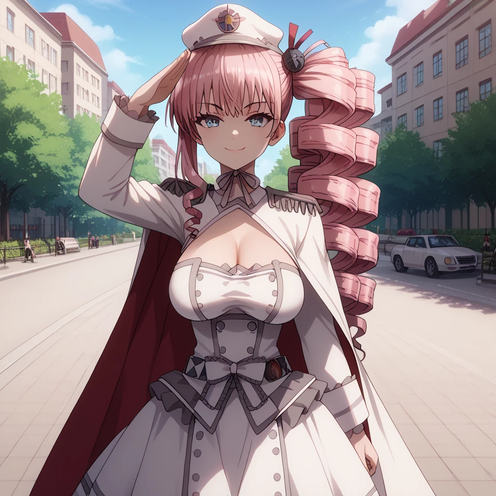 score_9, score_8_up, score_7_up, source_anime, best quality detailed face, big breasts, long hair, blue eyes, high eyes detalization , pink hair, drill hair, side ponytail, frills, military cap, black military uniform, cape, city bacground looking at viewer, smile, smug, solo,, , short skirt, black high boots, military salute, very_long_breasts, looking at viewer, sagging breasts, very long breasts, thin breasts , breast covered by clothes, walk, noon, in park,