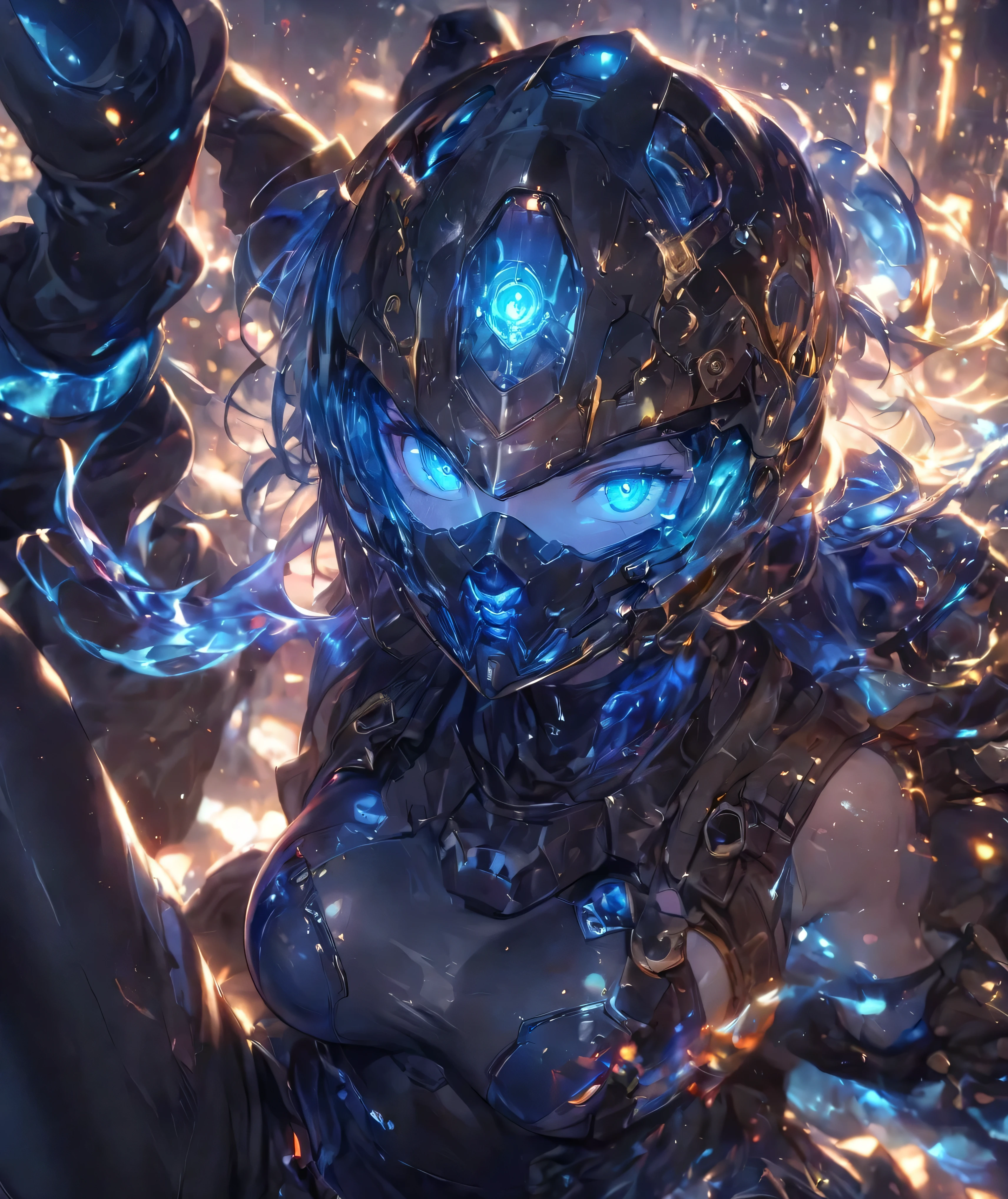 (Holographic glow effect), Top Quality, (Ultra High Resolution), Japanese female,Small face,Cute, ((Blue glowing eyes): 1.2), Mechanical eyes, Glowing eyes, Fine eyes, Futuristic glow eyes, Well shaped eyes, Highly detailed face, Cowboy shot, Spaceship, (Navy blue enamel glossy hard coat tactical cyber bodysuit, Navy blue enamel glossy hard coat tactical cyber helmet, Detailed visor, Navy blue enamel glossy hard coat tactical holster, Navy blue enamel glossy elbow-length hard coat tactical gloves, Navy blue enamel glossy hard coat tactical long boots), Standing with legs apart, (Cinematic lighting), ((Full body)), (High kick: 1.5),A young fighter performing a high kick. Dynamic, sparkling water rings surround her, radiating energy for a vibrant, intense atmosphere. The background features a dramatic urban nightscape with scattered sparks and reflections. The overall art style is highly detailed and anime-esque, featuring vibrant lighting and realistic textures. Light swirls and wind swirls surround her body. Glittering railroad tracks. Sunlight filtering through stained glass, moonlit background, pillars of light piercing the heavens, castles in the sky, heroine, and cinematic lighting.