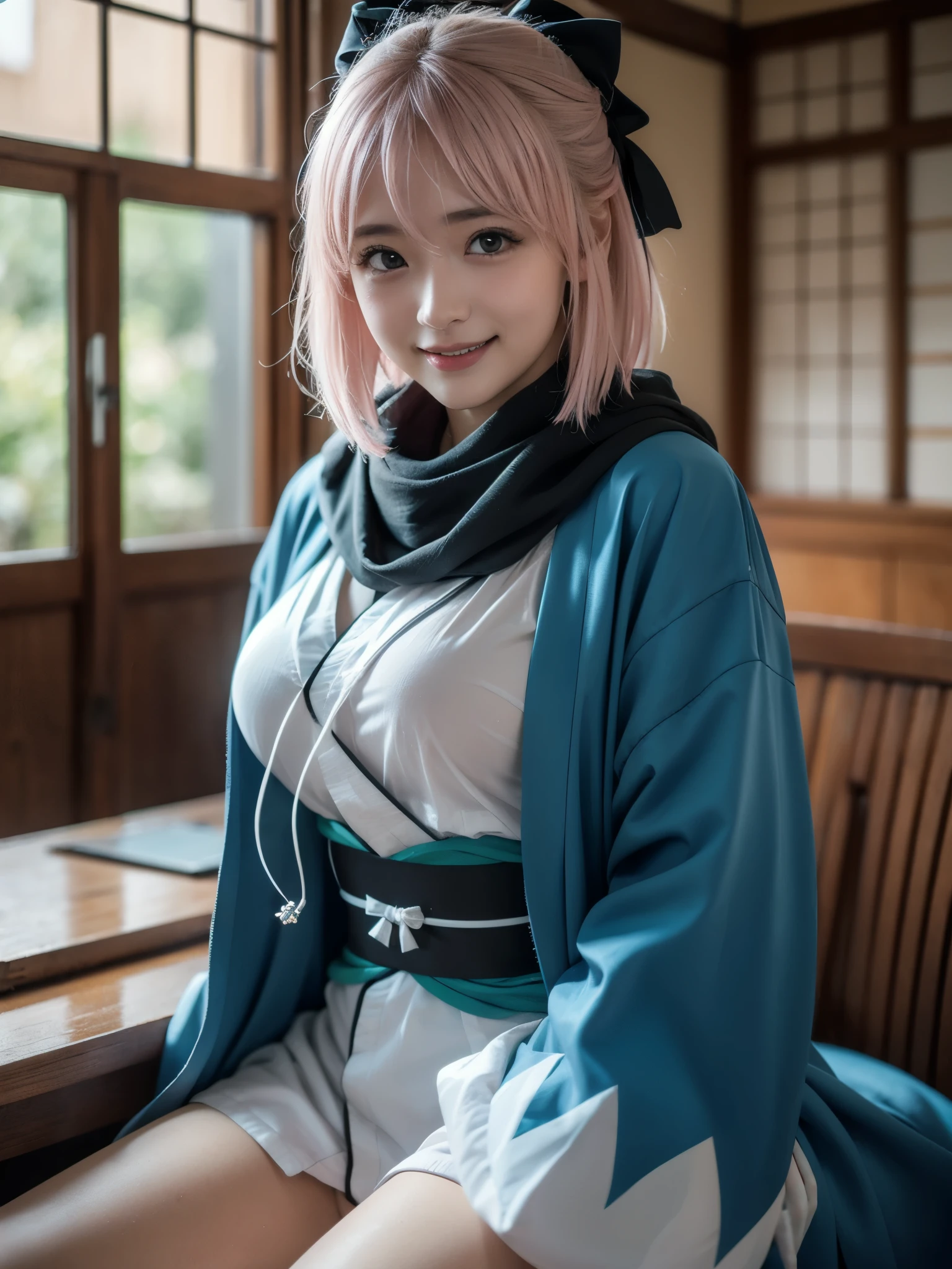 1girl, solo, (cute Japanese girl), ager, Slender Body, Low Height, pointy breasts, (smile:1.2), Looking at camera, 
break 
upper body,  (portrait:1.2), Seductive pose, Spread legs,
break 
Professional photo-realistic images, (16k, RAW photo, best quality, masterpiece:1.2), (realistic, photo-realistic:1.4), (extremely detailed 8k wallpaper), sharp focus, depth of field, blur background, bokeh, cinematic lighting, soft light, High resolution 16k close-up of human skin, ng_deepnegative_v1_75t, Beyondv4, 
break 
okita souji, (((ahoge, pink hair, hair between eyes, hair bow, short hair, yellow eyes))),
break
arm guards,wide sleeves,toeless legwear,bangs,obi, white kimono, shinsengumi, ((black thighighs,thighhighs)) , short kimono, haori, black bow, ((black scarf, scarf)), hairbow, bow, kimono, japanese clothes, naked kimono,