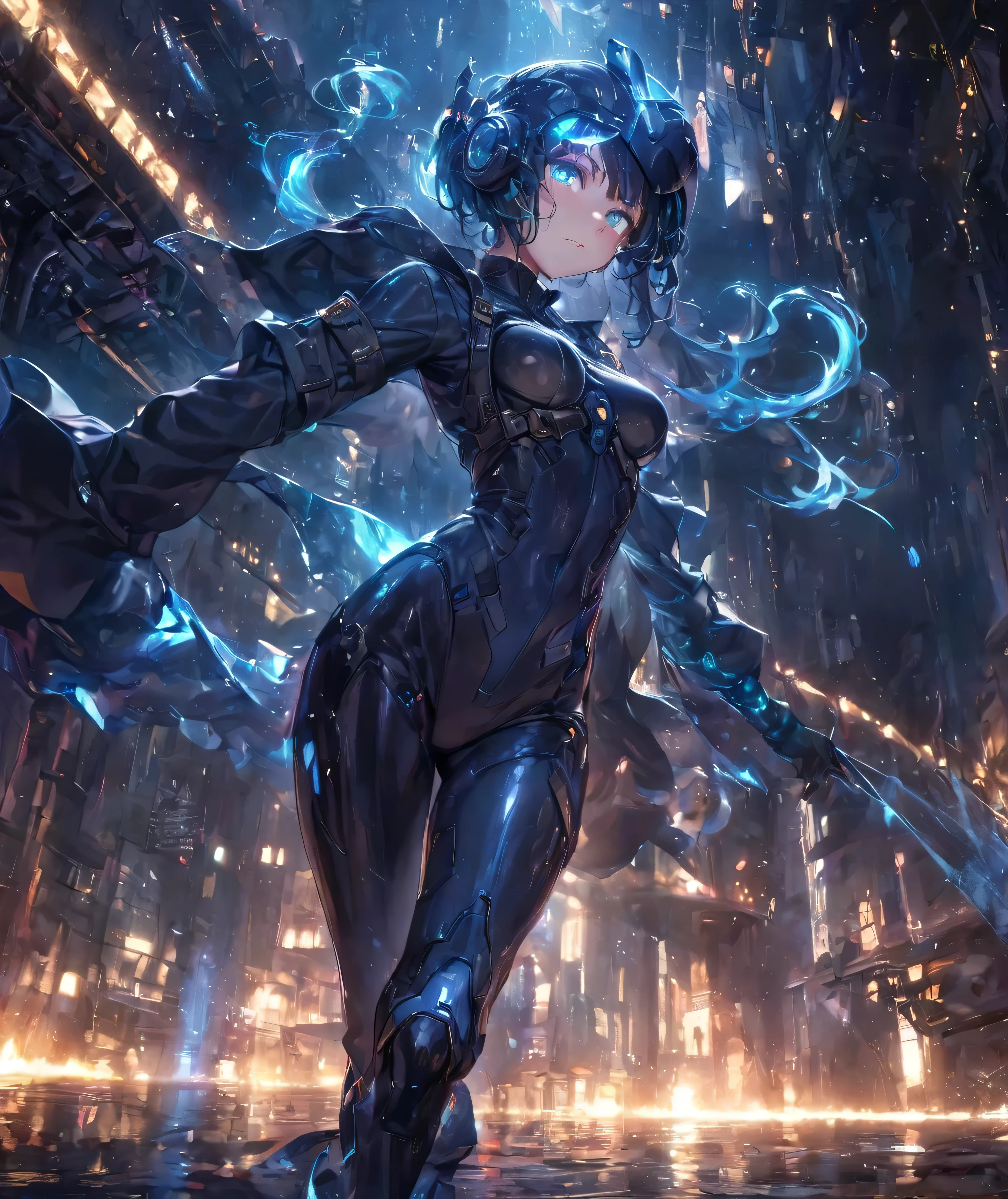Female cyborg wearing headphones、A little broken、1 female、Big Breasts、sexy、Moonlight、Unbuttoned、Downlight、full moon、In the rubble、In the ruined city、Butt、Beautiful buttocks、Plump、Sideboob、Half naked、Eyes glowing red、Flying through the sky using jets on his back and legs