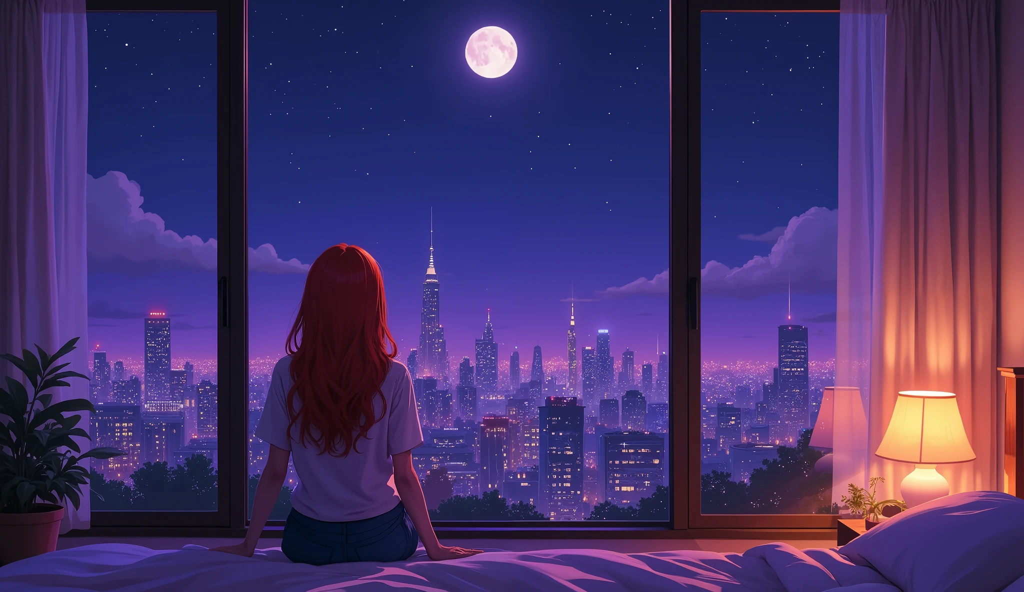 A cozy night scene, a girl with long red hair sits at a large window in a modern apartment looking at the city lights. Soft moonlight illuminates her silhouette, lo-fi aesthetic, warm diffused light from a table lamp, city skyline with twinkling lights in the background. Soft color palette with purple and blue tones, anime style, high quality illustration, peaceful atmosphere.