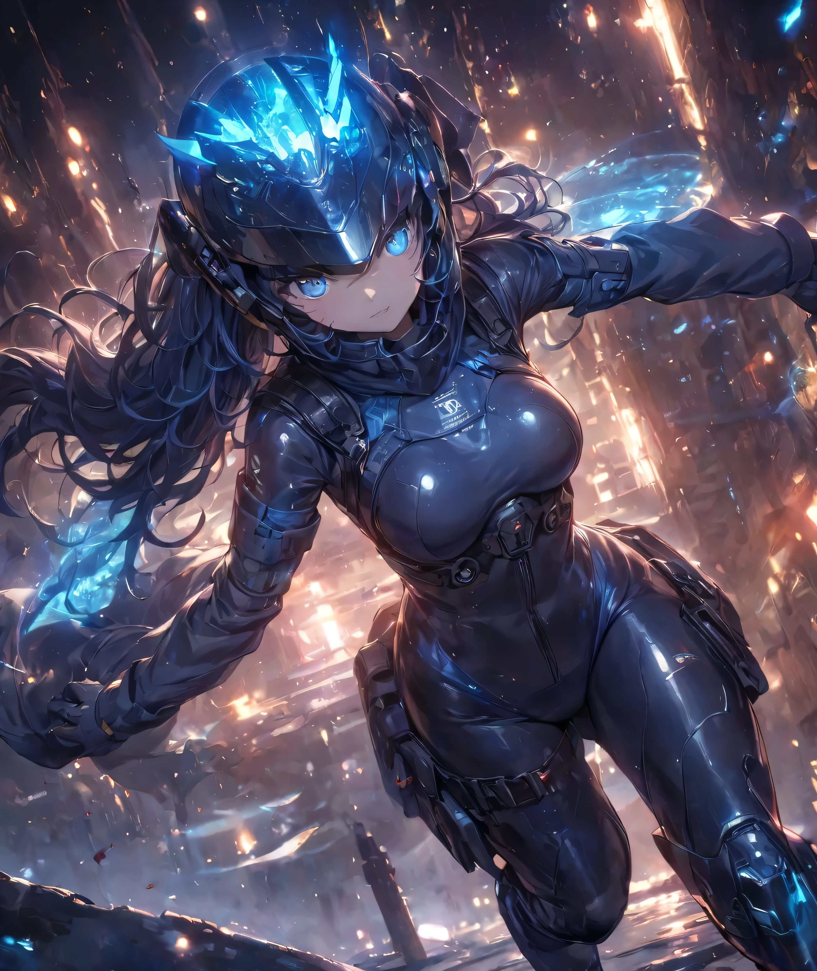 anime style, natural pose, freedom, digital illustration, (anime style), perfect anatomy, black rock shooter, highly detailed, art station, concept art, soft and sharp focus, well-formed eyes, beautiful face, well-defined hips, shy and seductive, left eye with blue flame, chaotic scenery, buildings in the background destroyed, black leather jacket, swords on the ground, beautiful scenery, hyper detailed