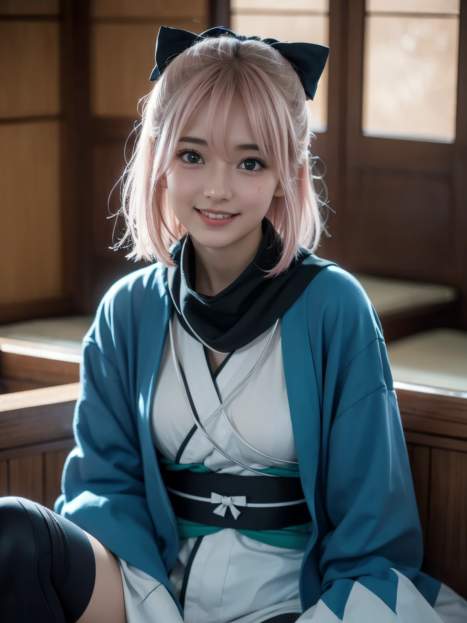 1girl, solo, (cute Japanese girl), ager, Slender Body, Low Height, (smile:1.2), Looking at camera,
break
upper body, (portrait:1.2), Seductive pose, Spread legs,
break
Professional photo-realistic images, (16k, RAW photo, best quality, masterpiece:1.2), (realistic, photo-realistic:1.4), (extremely detailed 8k wallpaper), sharp focus, depth of field, blur background, bokeh, cinematic lighting, soft light, High resolution 16k close-up of human skin, ng_deepnegative_v1_75t, Beyondv4,
break
okita souji, (((ahoge, pink hair, hair between eyes, hair bow, short hair, yellow eyes))),
break
arm guards,wide sleeves,toeless legwear,bangs,obi, white kimono, shinsengumi, ((black thighighs,thighhighs)) , short kimono, haori, black bow, ((black scarf, scarf)), hairbow, bow, kimono, japanese clothes, naked kimono,