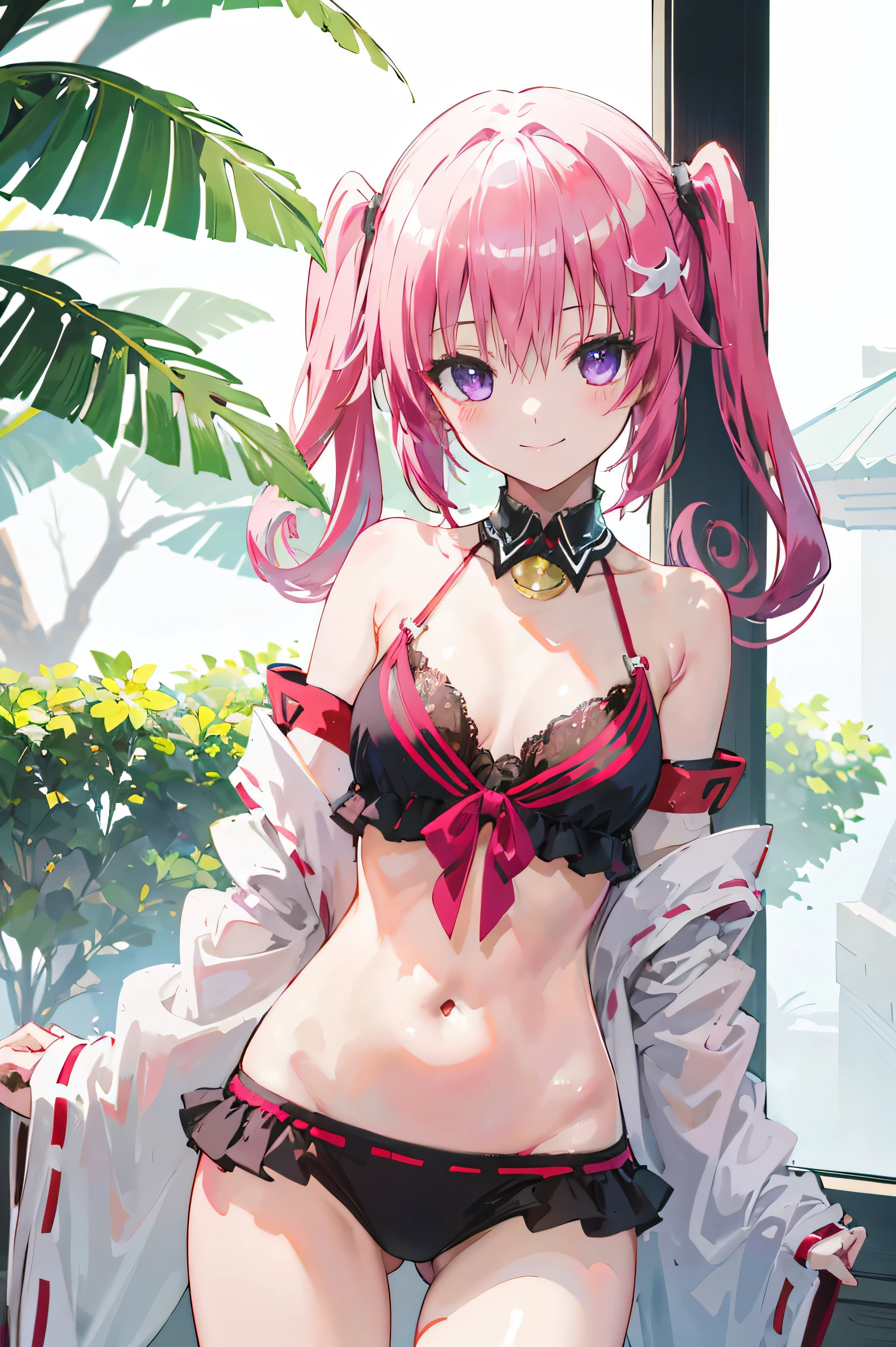 Momo Belia Deviluke has short pink hair and purple eyes. In the To LOVE-Ru manga, straightened her hair out  She also has two small flowers on her hair. 