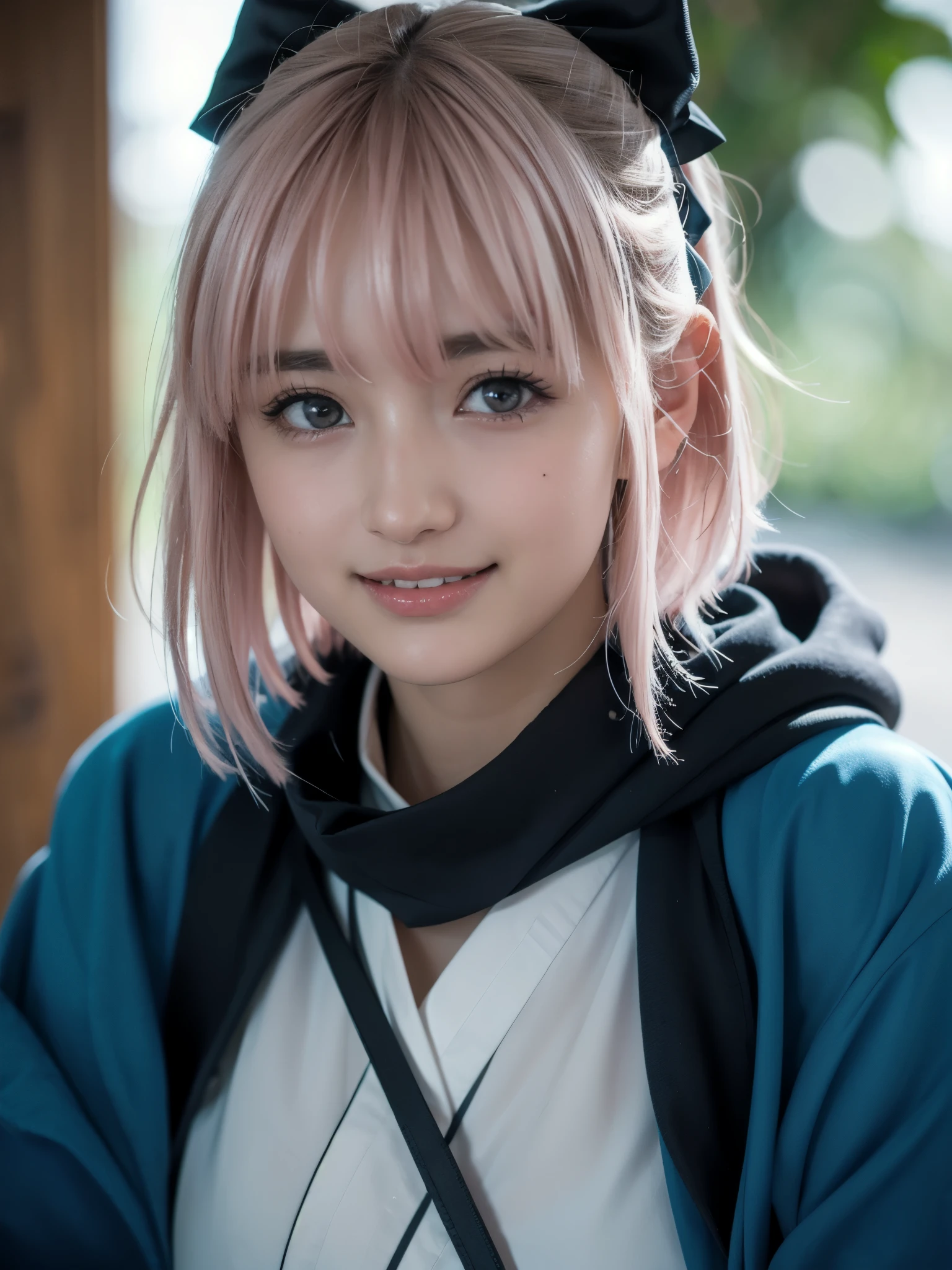 1girl, solo, (cute Japanese girl), ager, Slender Body, Low Height, (smile:1.2), Looking at camera, 
break 
upper body,  (portrait:1.2), Seductive pose, Spread legs,
break 
Professional photo-realistic images, (16k, RAW photo, best quality, masterpiece:1.2), (realistic, photo-realistic:1.4), (extremely detailed 8k wallpaper), sharp focus, depth of field, blur background, bokeh, cinematic lighting, soft light, High resolution 16k close-up of human skin, ng_deepnegative_v1_75t, Beyondv4, 
break 
okita souji, (((ahoge, pink hair, hair between eyes, hair bow, short hair, yellow eyes))),
break
arm guards,wide sleeves,toeless legwear,bangs,obi, white kimono, shinsengumi, ((black thighighs,thighhighs)) , short kimono, haori, black bow, ((black scarf, scarf)), hairbow, bow, kimono, japanese clothes, naked kimono,