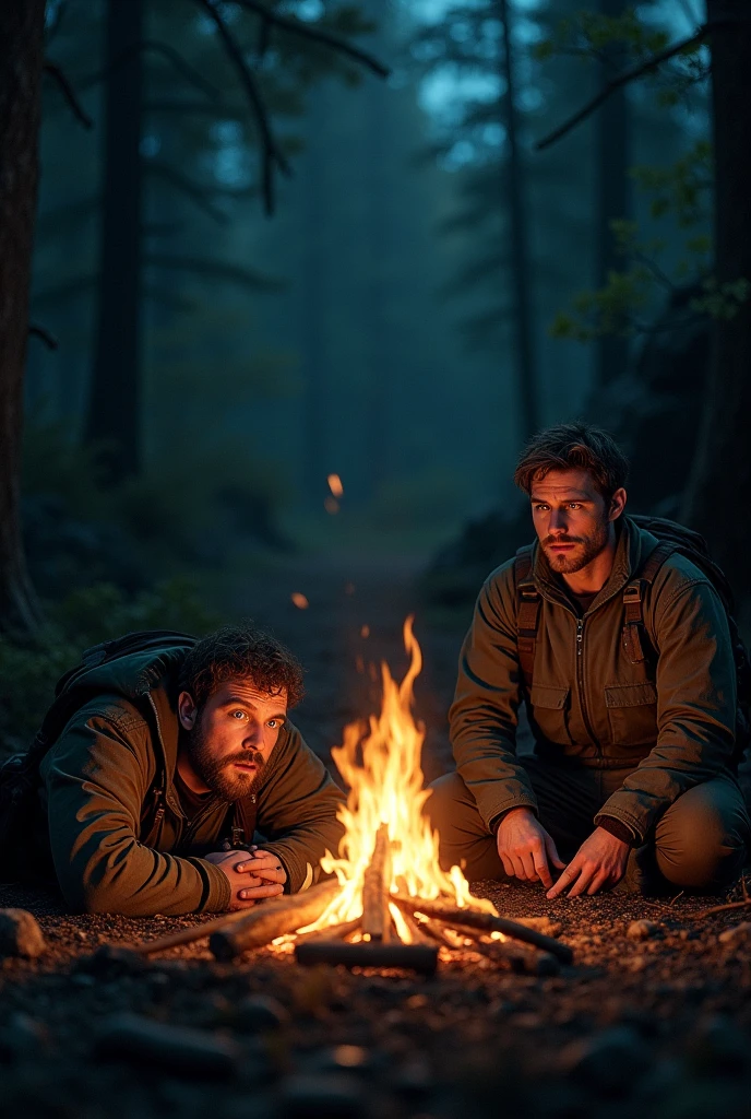 Candid photo of a ((slim) twink 18yo dg_Finn boy:1.1), (ginger facial hair stubble:1.2) dark blue jacket, pants,  detailed, outdoors, nighttime, camping, campfire,   <lora:dg_Finn_v1:0.8>
  waning light, dark night sky, <lora:epiNoiseoffset_v2:0.9>