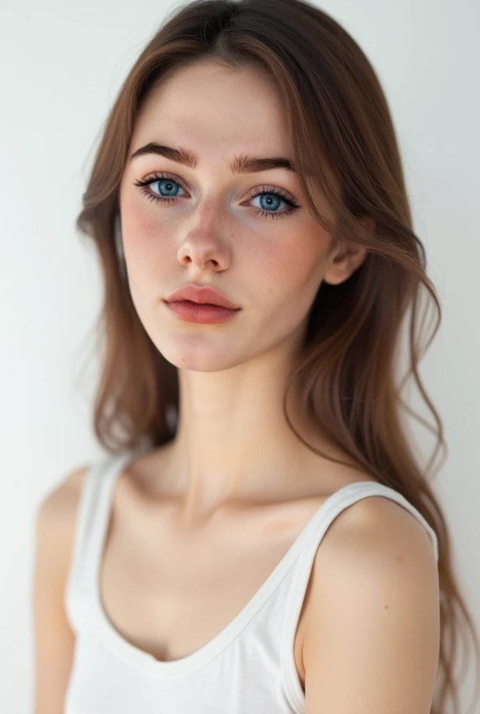 A "digital portrait", "studio photo", front light, front view of the model, looking forward "ultraphotorealistic", of a young woman, 19 years old, with pale, realistic skin, with imperfections and silky light brown hair, and a small, delicate jaw with soft contours and soft angles, rounded chin, arched and well-defined eyebrows, long eyelashes. 
 natural makeup Her lips are slightly pink. Her skin has a natural, soft, youthful glow, along with high, realistic cheekbones and a small, upturned nose. He is wearing a white tank top. The white studio background, "real photography."