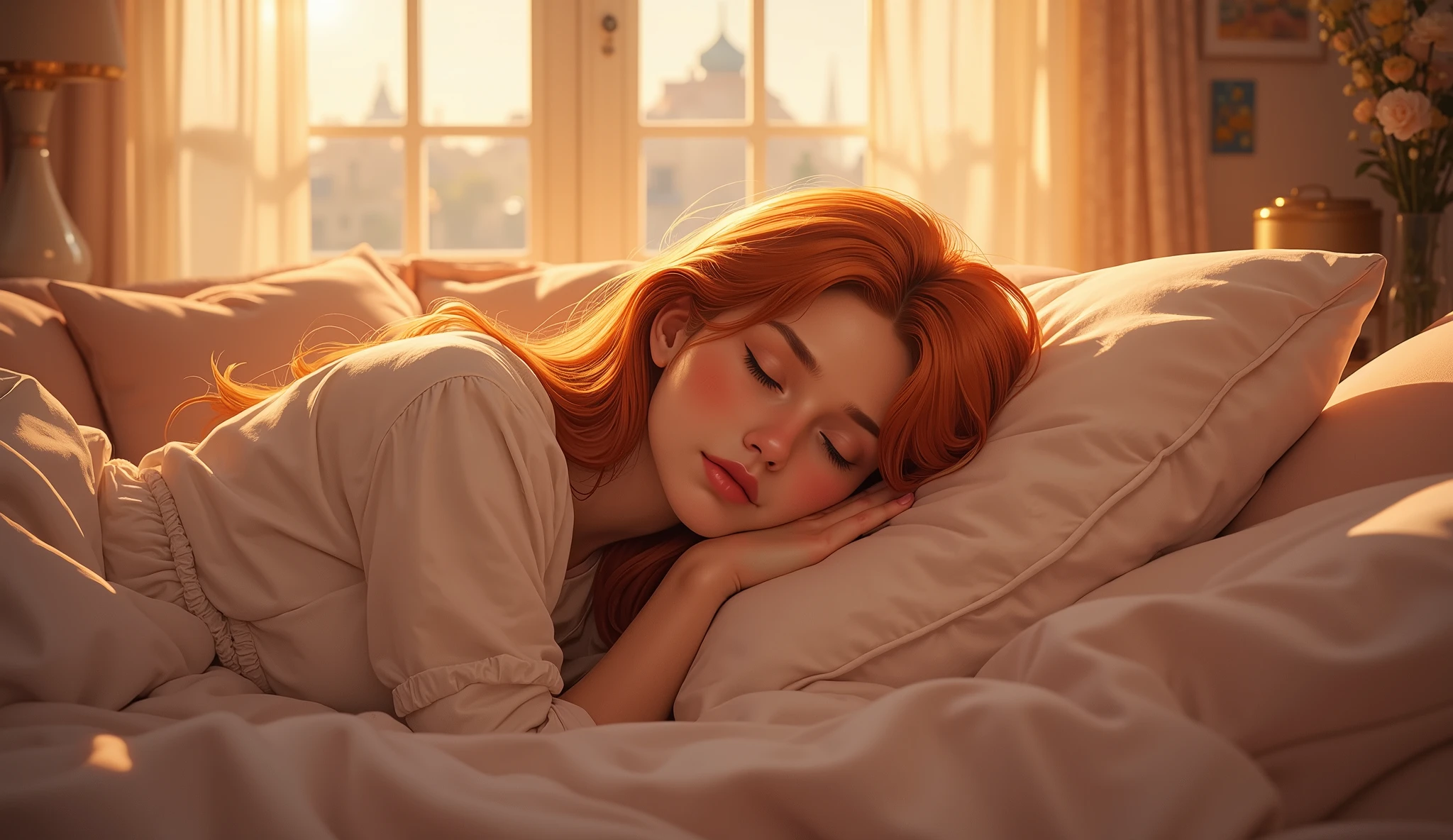 girl with long red hair asleep in a cozy room