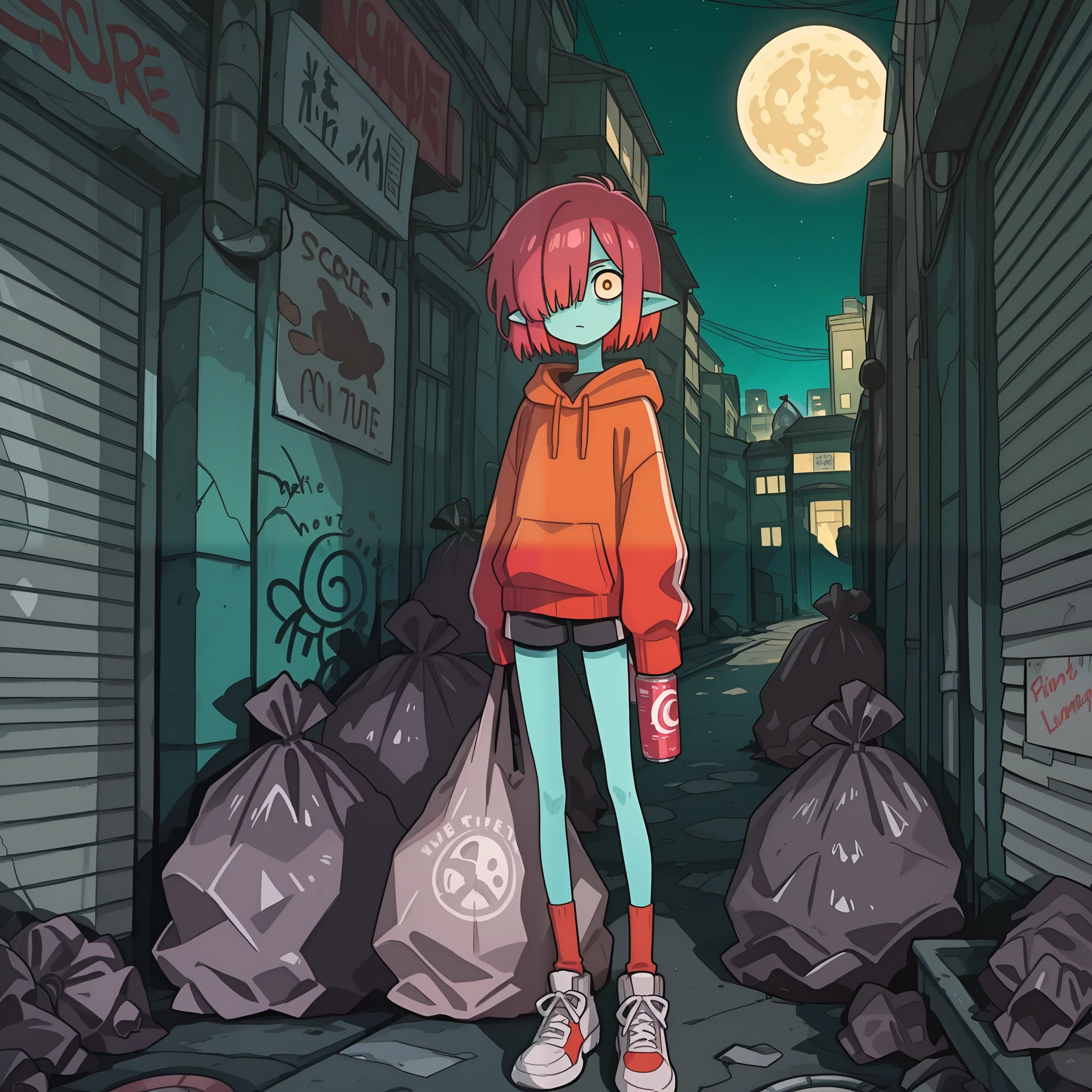 masterpiece, best quality, amazing quality, very aesthetic, high resolution, ultra-detailed, absurdres, newest, Anime screencap, highly detailed, high quality, hyper-Detailed, mistico_IL. BREAK. night, sleeves past wrists, solo, pointy ears, sleeves past fingers, hair over one eye, shorts, trash bag, bag, shoes, outdoors, moon, sneakers, alley, yellow eyes, 1boy, standing, looking at viewer, night sky, sky, black hair, male focus, red hair, full moon, full body, holding, hood, graffiti, short hair, socks, trash can, hoodie, long sleeves, multicolored hair, colored skin, building, sign, closed mouth