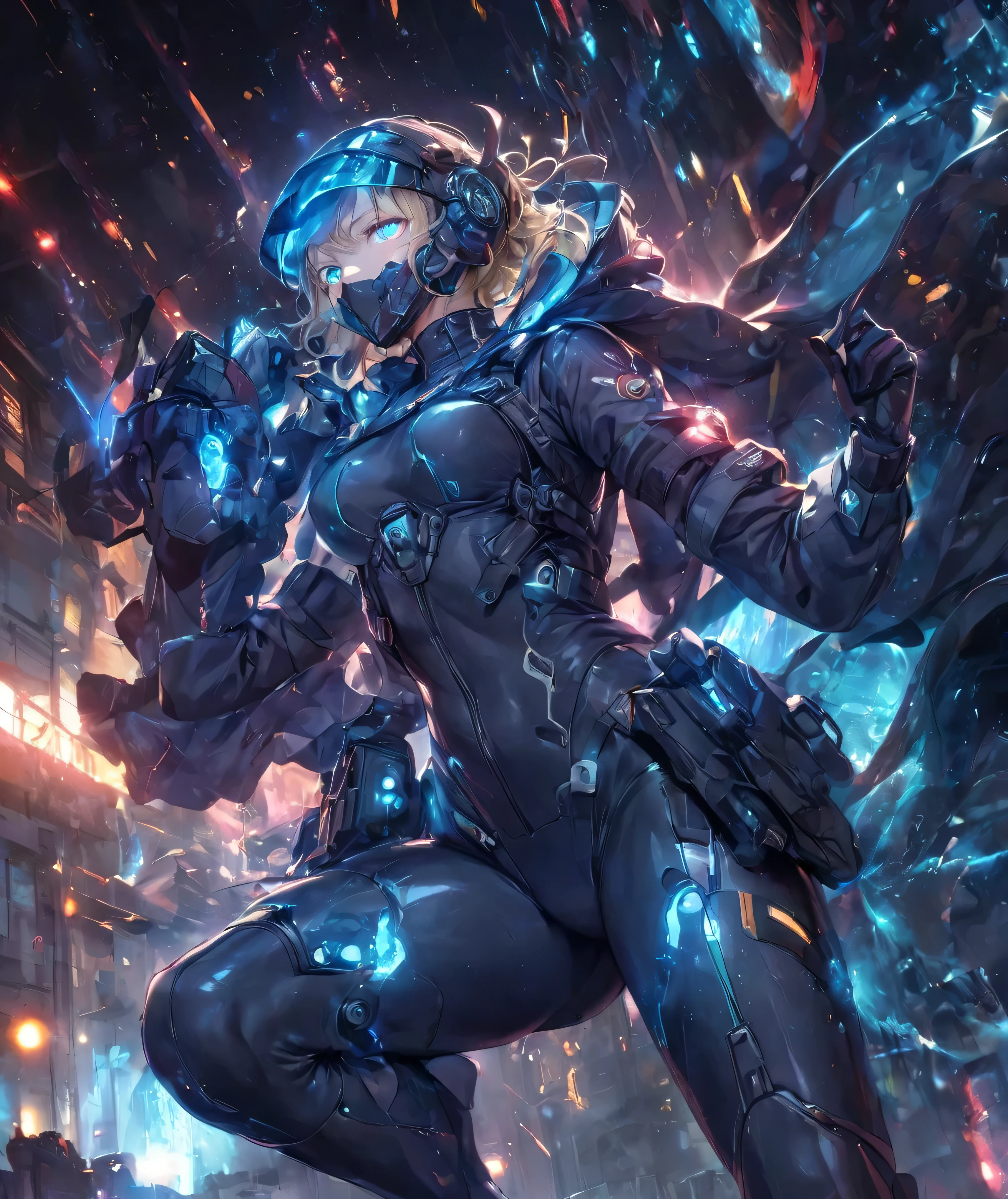(Holographic glow effect), Top Quality, (Ultra High Resolution), Japanese female,Small face,Cute, ((Blue glowing eyes): 1.2), Mechanical eyes, Glowing eyes, Fine eyes, Futuristic glow eyes, Well shaped eyes, Highly detailed face, Cowboy shot, Spaceship, (Navy blue enamel glossy hard coat tactical cyber bodysuit, Navy blue enamel glossy hard coat tactical cyber helmet, Detailed visor, Navy blue enamel glossy hard coat tactical holster, Navy blue enamel glossy elbow-length hard coat tactical gloves, Navy blue enamel glossy hard coat tactical long boots), Standing with legs apart, (Cinematic lighting), ((Full body)), (High kick: 1.5),A young fighter performing a high kick. Dynamic, sparkling water rings surround her, radiating energy for a vibrant, intense atmosphere. The background features a dramatic urban nightscape with scattered sparks and reflections. The overall art style is highly detailed and anime-esque, featuring vibrant lighting and realistic textures. Light swirls and wind swirls surround her body. Glittering railroad tracks. Sunlight filtering through stained glass, moonlit background, pillars of light piercing the heavens, castles in the sky, heroine, and cinematic lighting.