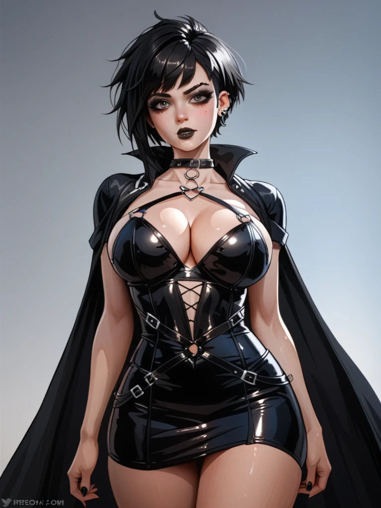 (best quality, masterpiece:1.2), simple lines, anime style, goth girl, perfect body, (huge breasts), slim waist, nice ass, glasses, choker, crucifix earrings on one ear, dark background