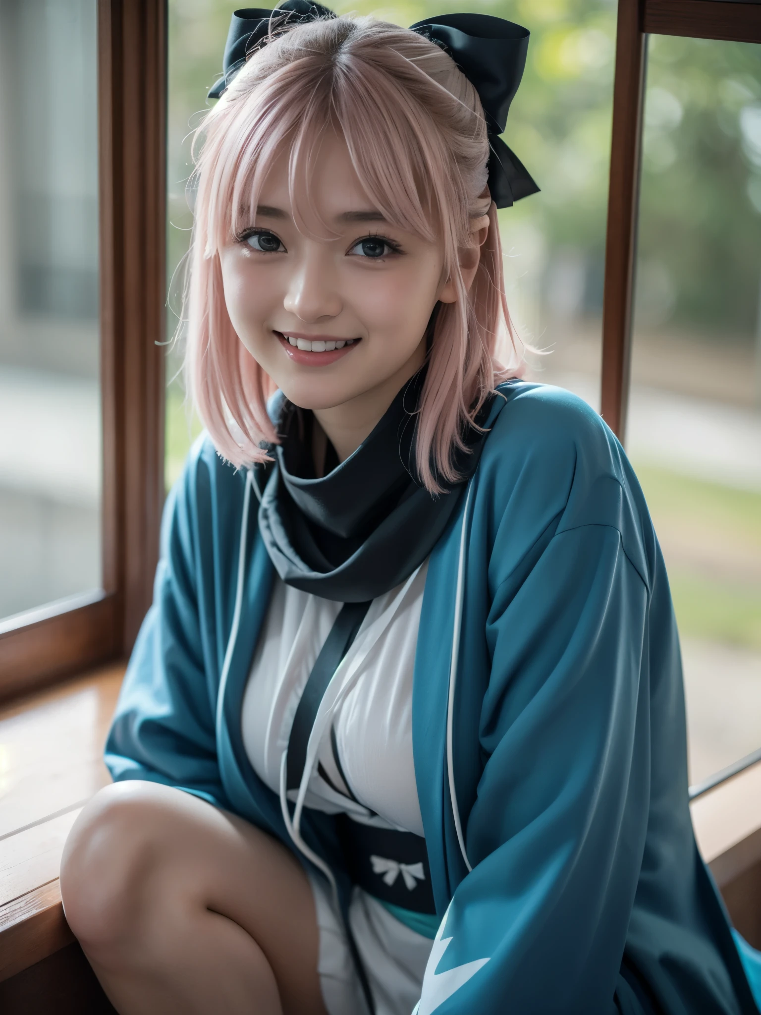 1girl, solo, (cute Japanese girl), ager, Slender Body, huge Breasts, pointy breasts, Low Height, (smile:1.2), Looking at camera,
break
upper body, Seductive pose, arm support on windowsill, dynamic pose,
break
Professional photo-realistic images, (16k, RAW photo, best quality, masterpiece:1.2), (realistic, photo-realistic:1.4), (extremely detailed 8k wallpaper), sharp focus, depth of field, blur background, bokeh, cinematic lighting, soft light, High resolution 16k close-up of human skin, ng_deepnegative_v1_75t, Beyondv4,
break
okita souji, (((ahoge, pink hair, hair between eyes, hair bow, short hair, yellow eyes))),
break
arm guards,wide sleeves,toeless legwear,bangs,obi, white kimono, shinsengumi, black thighighs,thighhighs , short kimono, haori, black bow, ((black scarf, scarf)), hairbow, bow, kimono, japanese clothes, naked kimono,
