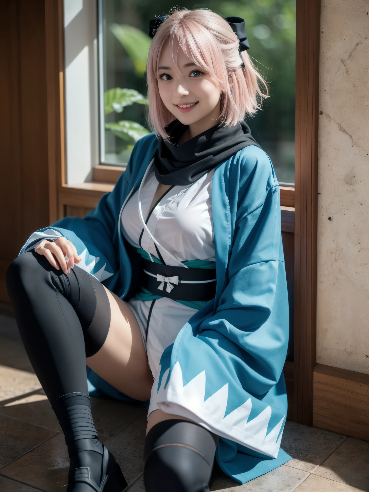 1girl, solo, (cute Japanese girl), ager, Slender Body, huge Breasts, pointy breasts, Low Height, (smile:1.2), Looking at camera,
break
upper body, Seductive pose, arm support on windowsill, dynamic pose,
break
Professional photo-realistic images, (16k, RAW photo, best quality, masterpiece:1.2), (realistic, photo-realistic:1.4), (extremely detailed 8k wallpaper), sharp focus, depth of field, blur background, bokeh, cinematic lighting, soft light, High resolution 16k close-up of human skin, ng_deepnegative_v1_75t, Beyondv4,
break
okita souji, (((ahoge, pink hair, hair between eyes, hair bow, short hair, yellow eyes))),
break
arm guards,wide sleeves,toeless legwear,bangs,obi, white kimono, shinsengumi, black thighighs,thighhighs , short kimono, haori, black bow, ((black scarf, scarf)), hairbow, bow, kimono, japanese clothes, naked kimono,