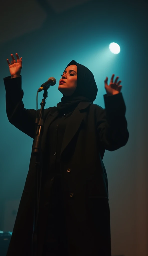 photograph, dynamic, Unconventional hefty Shira, Singing, Shira is wearing Empire Keffiyeh, The Keffiyeh is Refined, F/5, Wonder, volumetric lighting, F/8, Sad, Hopeful, Moonlight