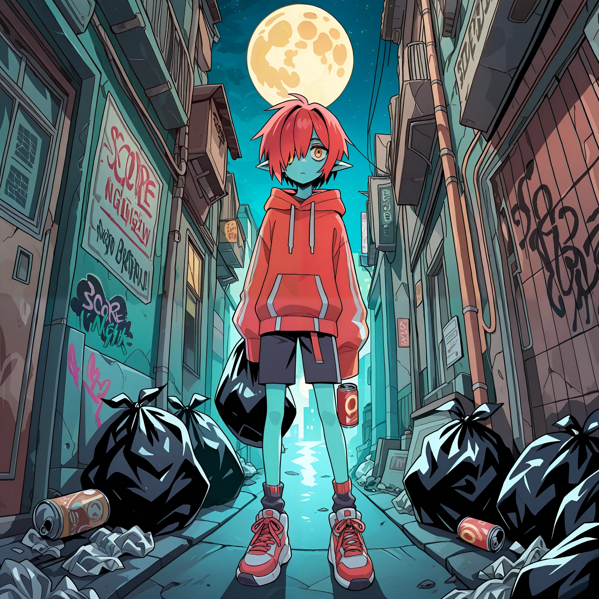 masterpiece, best quality, amazing quality, very aesthetic, high resolution, ultra-detailed, absurdres, newest, Anime screencap, highly detailed, high quality, hyper-Detailed, mistico_IL. BREAK. night, sleeves past wrists, solo, pointy ears, sleeves past fingers, hair over one eye, shorts, trash bag, bag, shoes, outdoors, moon, sneakers, alley, yellow eyes, 1boy, standing, looking at viewer, night sky, sky, black hair, male focus, red hair, full moon, full body, holding, hood, graffiti, short hair, socks, trash can, hoodie, long sleeves, multicolored hair, colored skin, building, sign, closed mouth