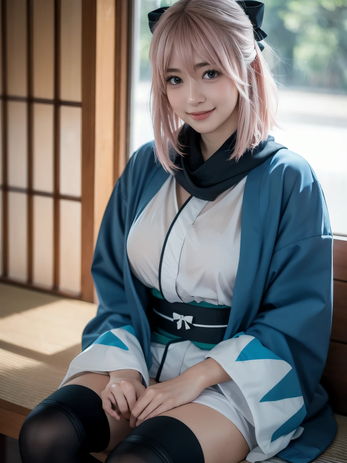 1girl, solo, (cute Japanese girl), ager, Slender Body, huge Breasts, pointy breasts, Low Height, (smile:1.2), Looking at camera, 
break 
upper body,
break 
Professional photo-realistic images, (16k, RAW photo, best quality, masterpiece:1.2), (realistic, photo-realistic:1.4), (extremely detailed 8k wallpaper), sharp focus, depth of field, blur background, bokeh, cinematic lighting, soft light, High resolution 16k close-up of human skin, ng_deepnegative_v1_75t, Beyondv4, 
break 
okita souji, (((ahoge, pink hair, hair between eyes, hair bow, short hair, yellow eyes))),
break
arm guards,wide sleeves,toeless legwear,bangs,obi, white kimono, shinsengumi, black thighighs,thighhighs , short kimono, haori, black bow, black scarf, scarf, hairbow, bow, kimono, japanese clothes, naked kimono,