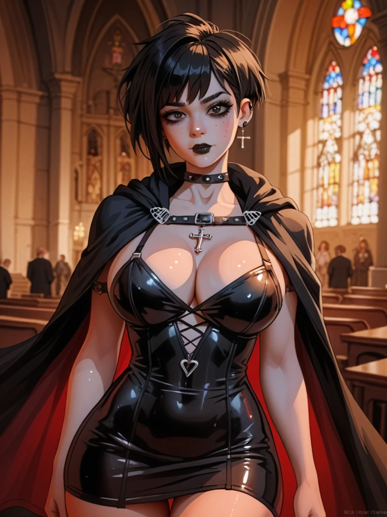 Sexy gothic girl, black hair, curly square haircut, red eyes, black lipstick, black nail, eyeliner, little sadistic smile, dark and deep look, menacing, black horns. Masterpiece, UHD, detailed. Into a satanic church, cowboy_shot