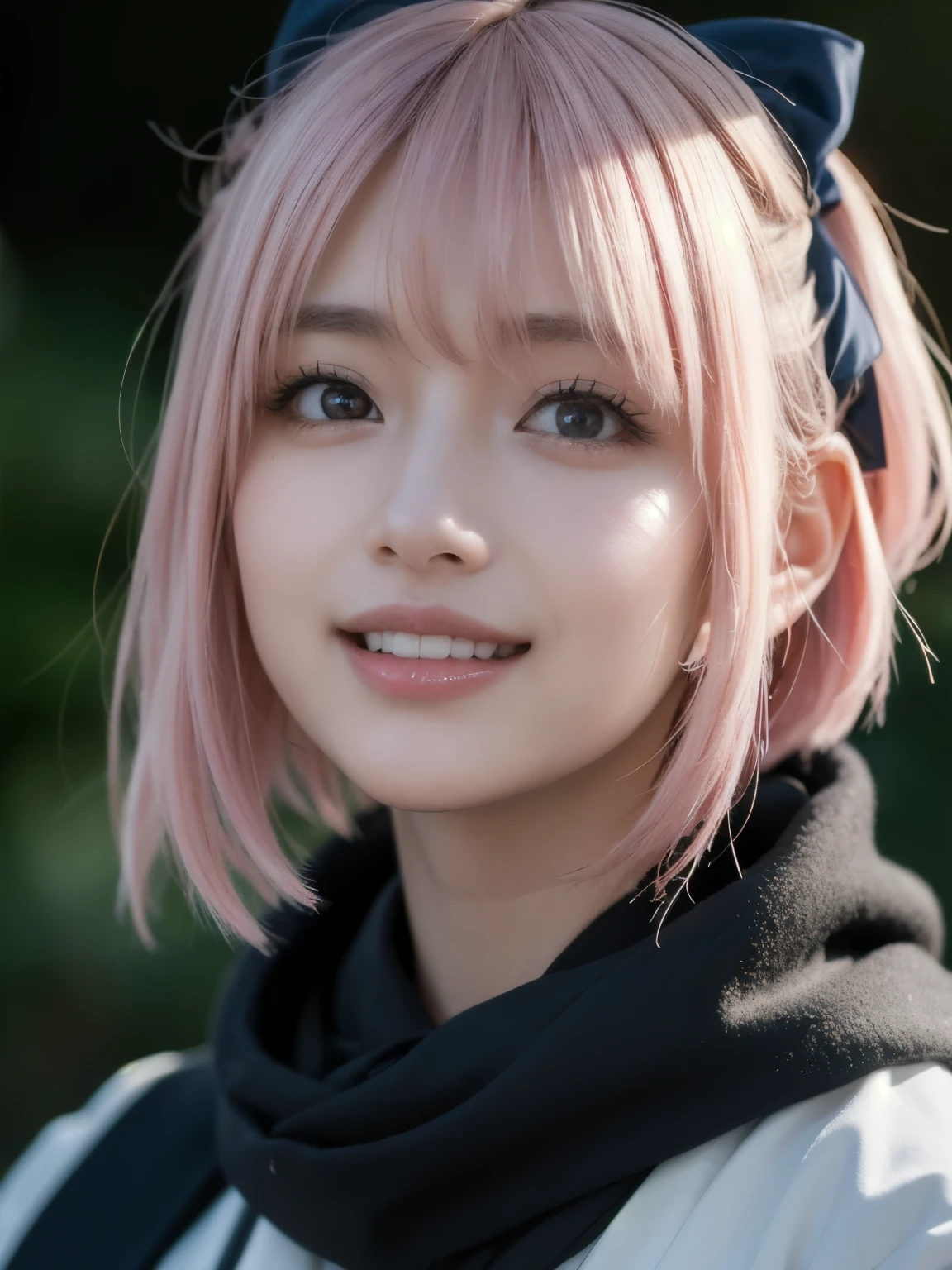 1girl, solo, (cute Japanese girl), ager, Slender Body, huge Breasts, pointy breasts, Low Height, (smile:1.2), Looking at camera, 
break 
upper body,
break 
Professional photo-realistic images, (16k, RAW photo, best quality, masterpiece:1.2), (realistic, photo-realistic:1.4), (extremely detailed 8k wallpaper), sharp focus, depth of field, blur background, bokeh, cinematic lighting, soft light, High resolution 16k close-up of human skin, ng_deepnegative_v1_75t, Beyondv4, 
break 
okita souji, (((ahoge, pink hair, hair between eyes, hair bow, short hair, yellow eyes))),
break
((black scarf)), black bow, japanese clothes, kimono, sash, scarf,
break