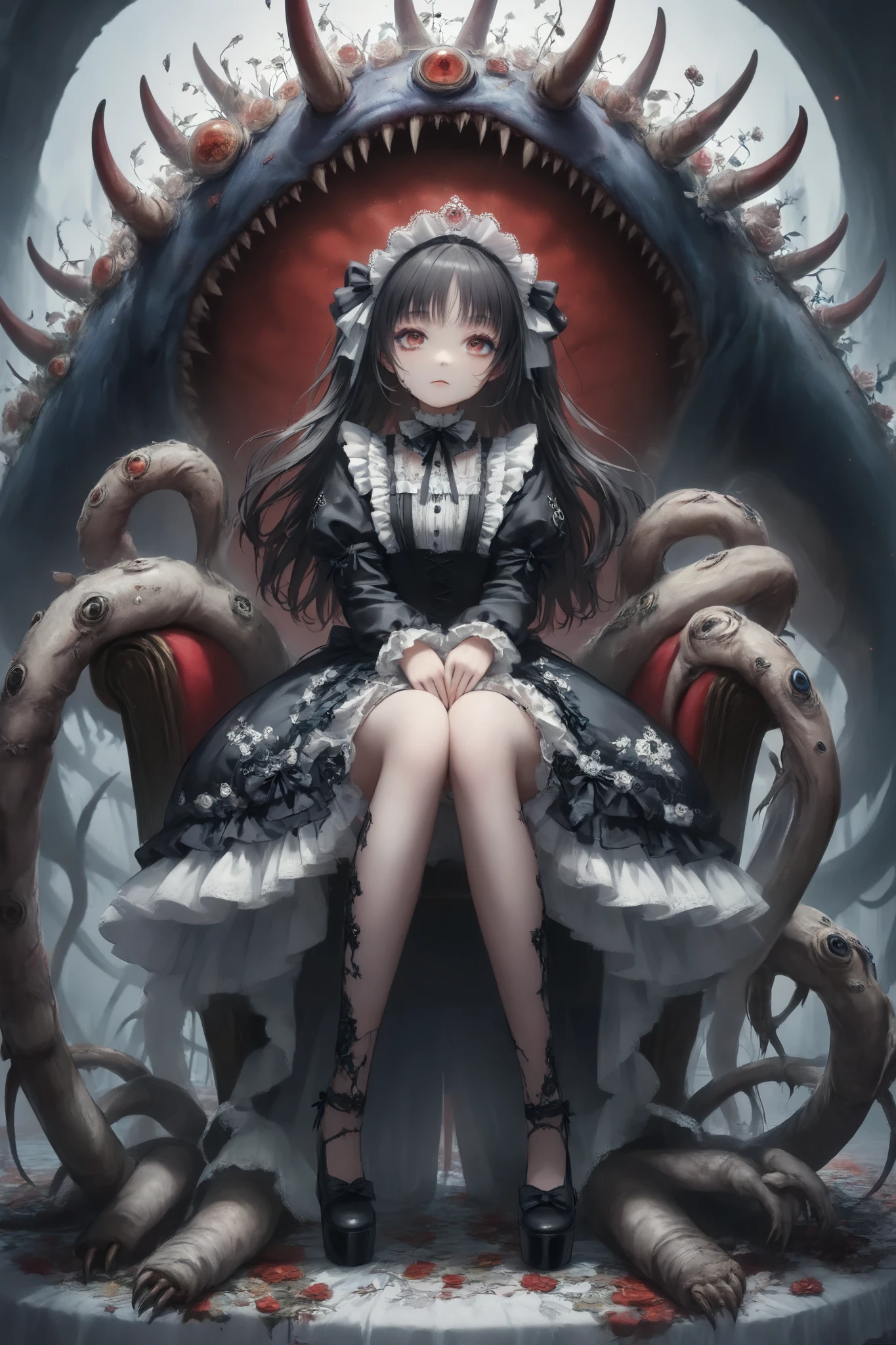 ( masterpiece, highest quality, Extremely detailed), A very detailed portrait of a , real finger , natural facial features ,( Anatomically Accurate:1.1), The picture is very realistic , original photo, 35mm lens, Soft studio lighting, Visible skin pores , ultra high resolution, Cinematic realism , long black hair ,Amber pupils,( black small leather shoes),(((Princess Copen style gothic ta:1.4)))((((white strappy stockings)))) ,( Show your whole body ), Model sits in a princess chair, ( full-body image from head to toe :1.4), (((( and stand beside a monster with only human limbs)))), night view of the city,