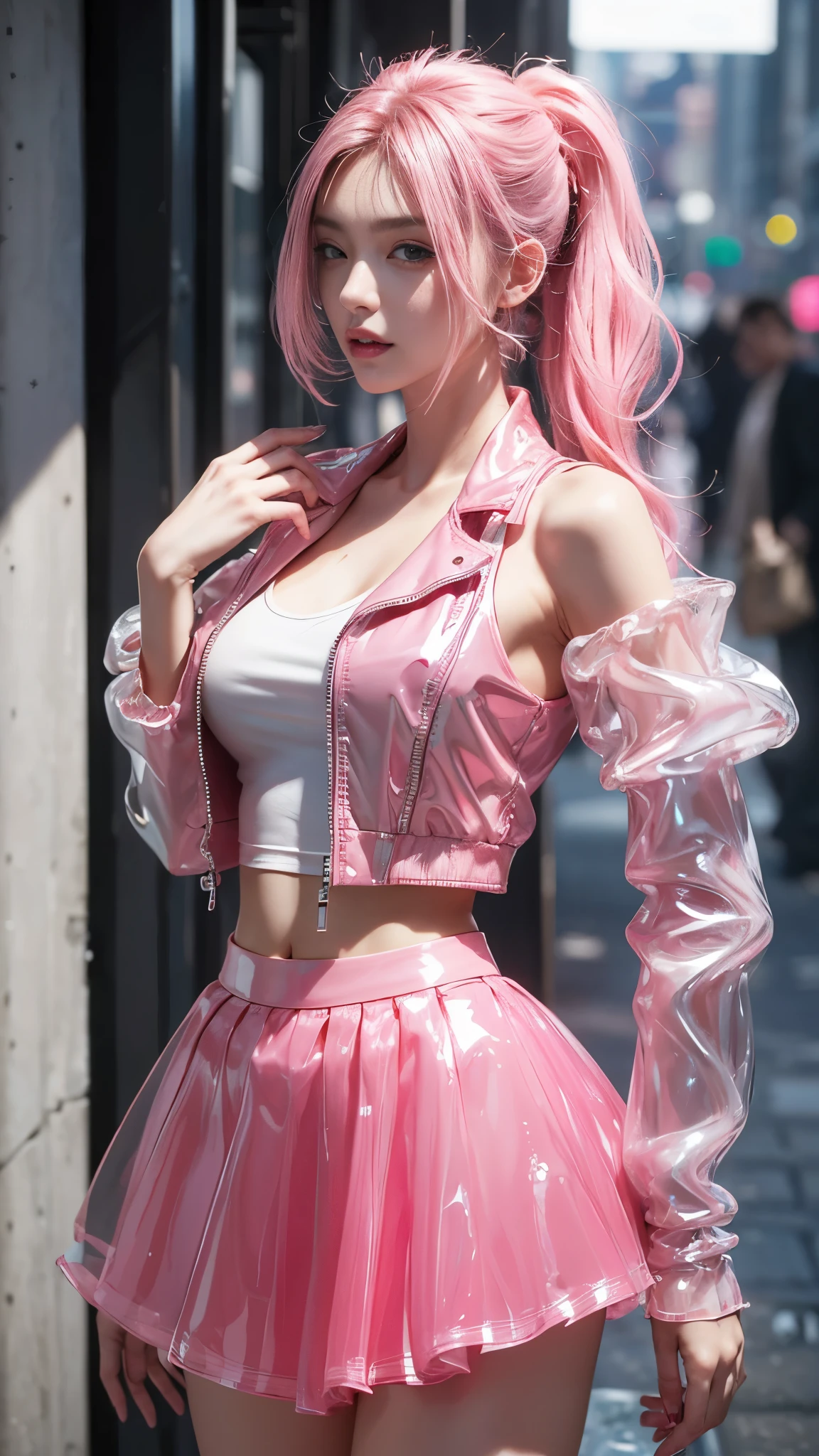 Girl dancing in rain, ((masterpiece)), rain, full body, sexy body, pink hair, Short red dress, realistic, “full portrait”,