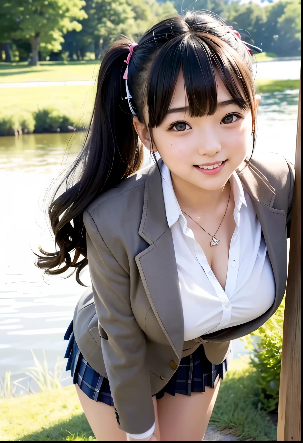 ((BSFW)),((SFW、masterpiece、highest quality、Pieces fly、expensiveest quality、expensiveest level、Best image quality))、(Magazine Cover)、(1 Asian Woman)、A very beautiful and attractive 18-year-old woman、Beautiful light brown hair、Intense black eyes、strong eye expensivelights、Very large breasts、Lip gloss、(cute:1.2)、(expensive detail skin: 1.2)、Perfect Anatomy、smile、((Red ribbon tie、Japanese Girls' expensive 、Dark blue long sleeve jacket、White shirt、Navy blue flared skirt))、((正面より少しFrom below見上げるカメラアングル))、(Skirt flip)、(Grab the skirt、accurate needle、Five fingers)、((The wind blows up my skirt、Panties exposed.))、((Skirt flip,White panties、shiny texpensives))、Cute underwear、((Detailed grey panties))、From below、((from the front))、Angle from the feet、Angle From below、((Angle looking up From below、Show your crotch))、Soft Backlight、Soft Light、Soft natural light、Spring street in the daytime、