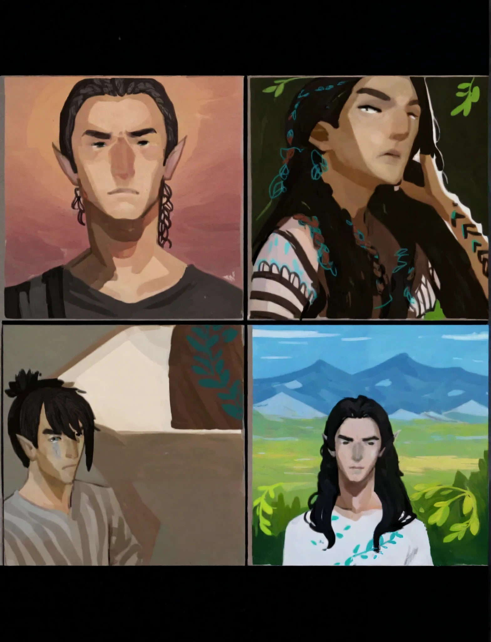 2D ART, hyper detailed gouache painting, illustration, gougoupaintleaves style, portrait of a man, 1boy, solo, long_hair, braided brown hair, high_ponytail_hairstyle, male_drow:1.5, dark elf, black eyes, black_sclera, detailed face, handsome features, dark medieval tunic, pointy ears, standing in a dark forest, pov from_below, frontal full body shot, on simple white background, full body shot, very detailed, ren's picture books, dumner