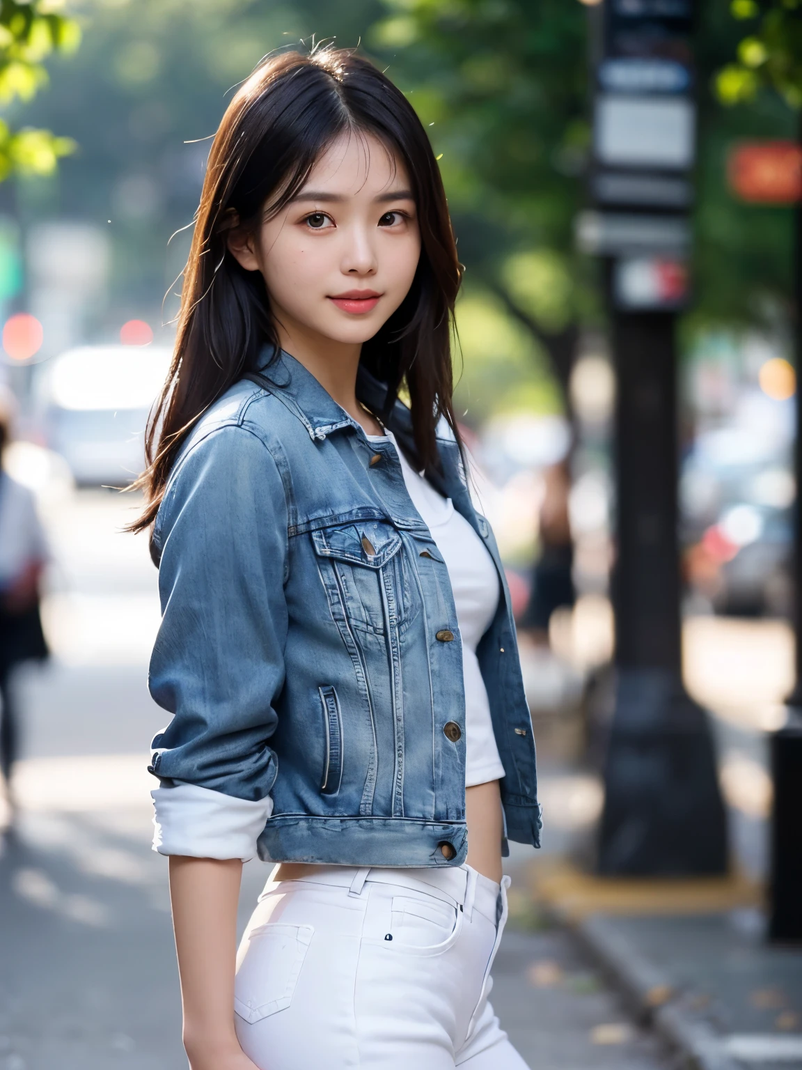 woman in a red skirt and denim jacket standing in front of a sign, iu1, mixed art, waving, sun yunjoo, taken with canon eos 5 d mark iv, wearing jacket and skirt, young asian woman, inspired by Kim Jeong-hui, young asian girl, blurred background, photo taken with nikon d 7 5 0, big buttocks