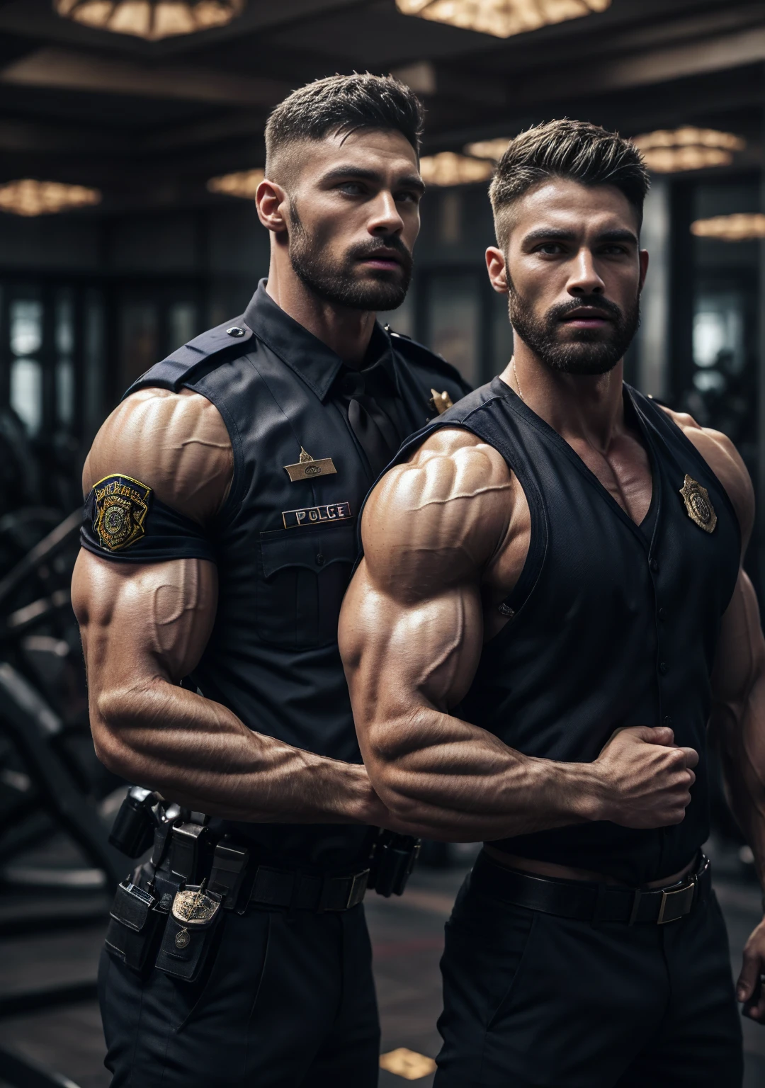 ((masterpiece)), ((best quality:1.2)), high resolution, 8K, (extremist_Practical:1.3), (photoPractical:1.4), Male focus, 2 boys, twin，backwards have, arms, Vest, shorts，Leather Boots，solitary, white Vest, 步gun, shorts, wristwatch, gun, Keep arms, muscular, Keep, watch, assault 步gun, Baseball cap, Keep gun, have, short hair, black shorts, Big bulge，Excellent J8，Chest muscles, muscular male, looking at the audience, Brown eyes, 仅have的, Jewelry, Black Hair, bracelet, Practical，Perfect hand details
