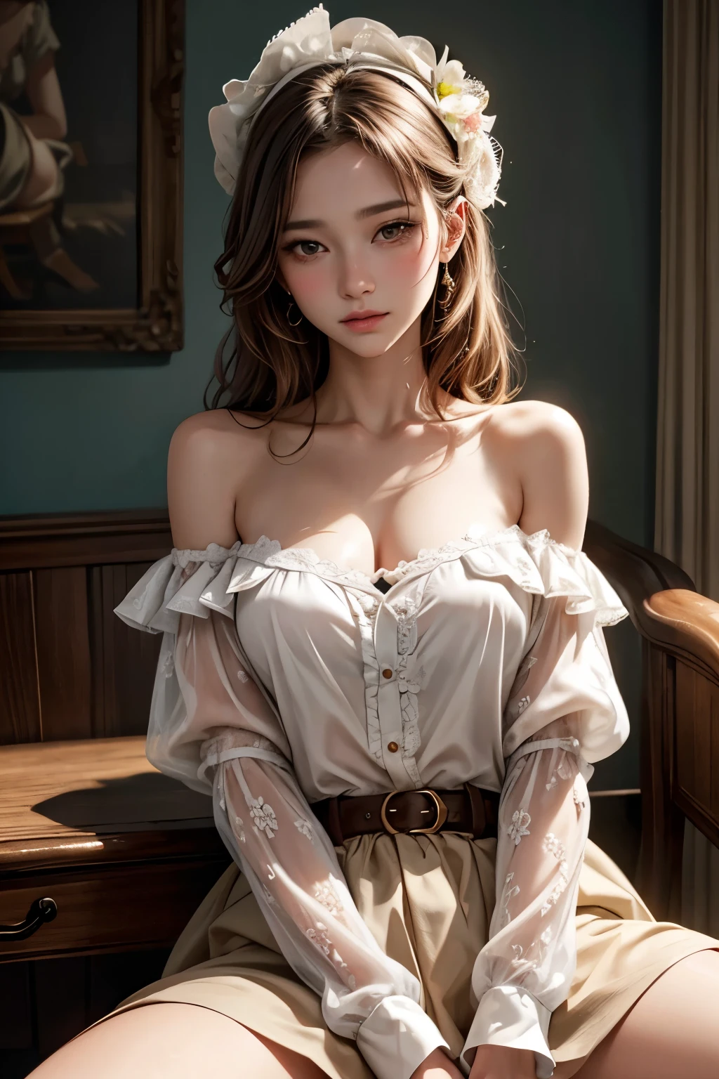 beautiful, masterpiece, best quality, extremely detailed face,  perfect lighting, 1girl, solo,  GiovannaMS, cowboy shot, blouse, shoulder, sitting, spread legs, blushing, ecstasic face, sad