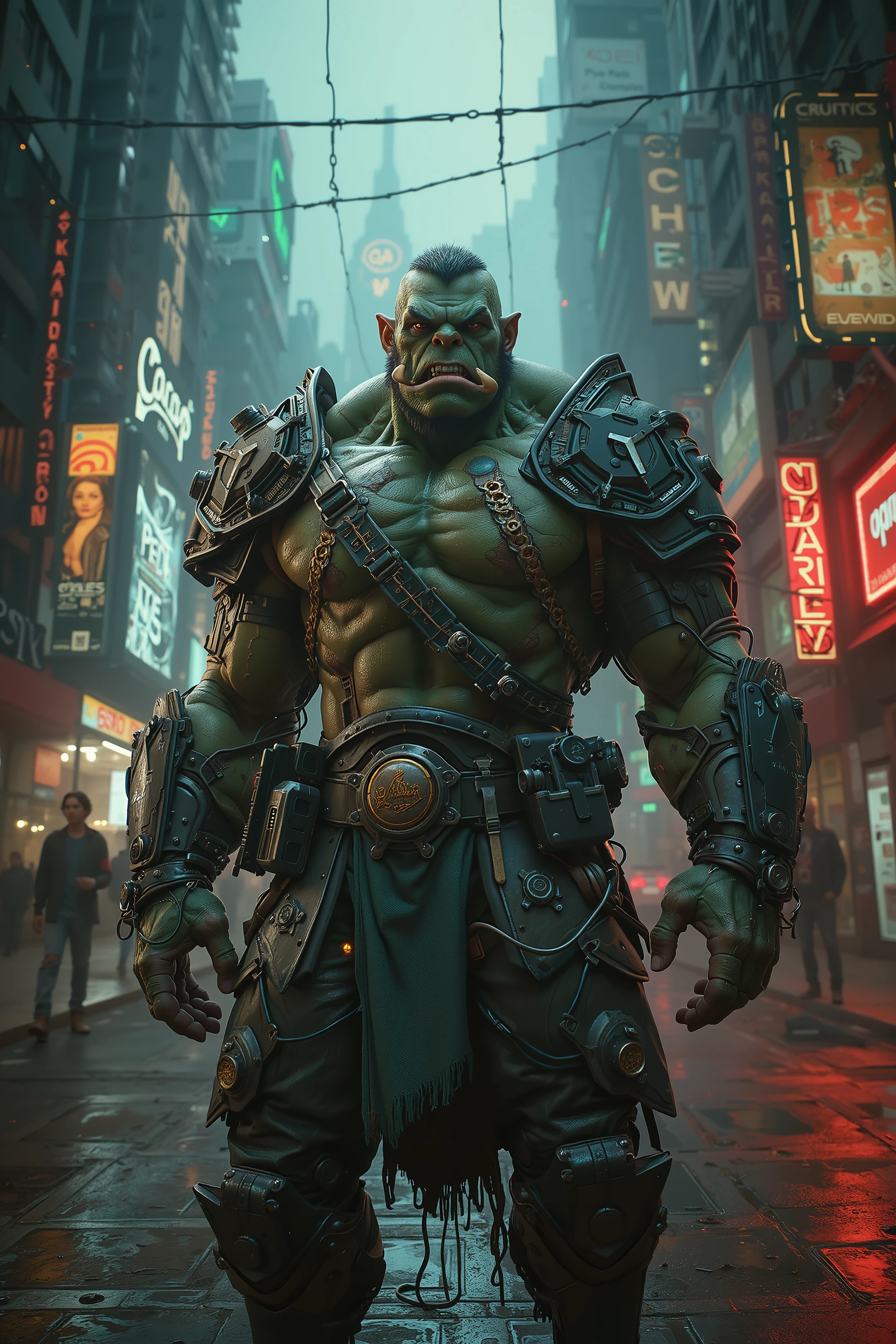 Hologram orc in urban ex-police clothing in a futuristic world 