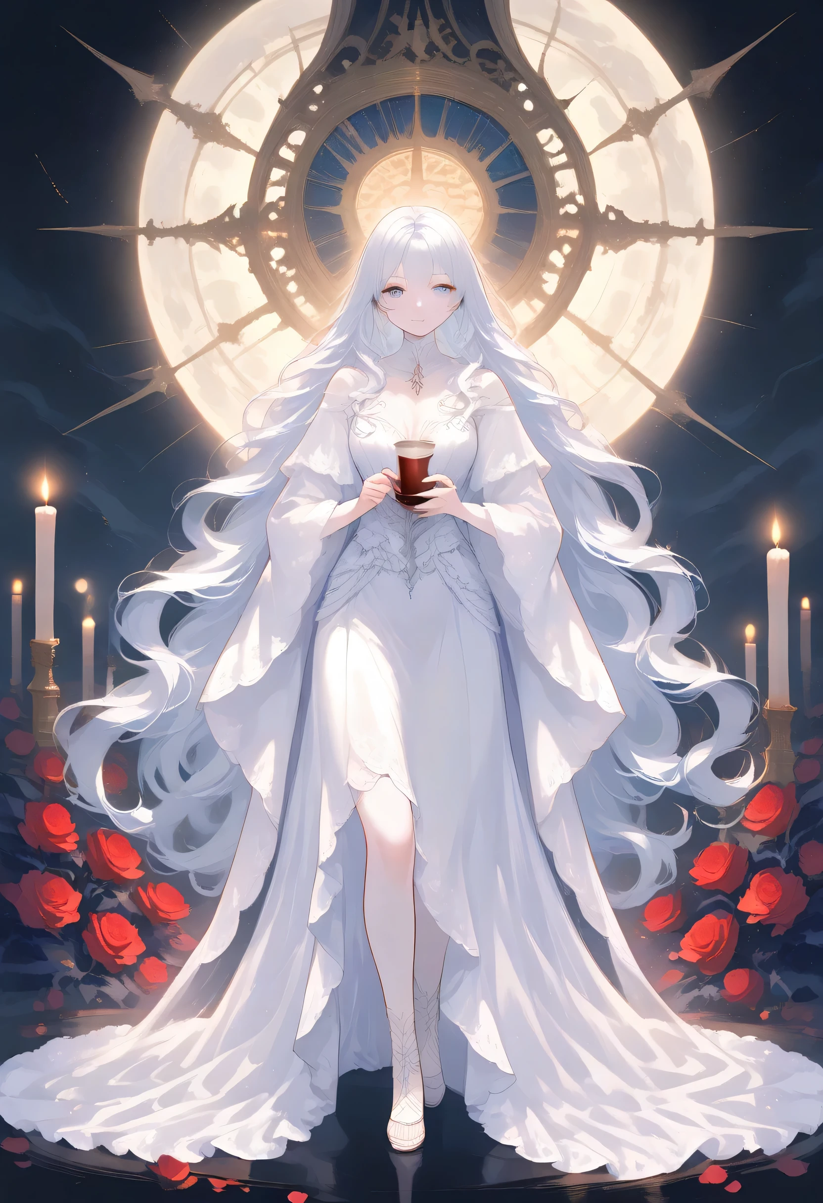 score_9, score_8_up, score_7_up, Dark fantasy art, fantasy art, goth art, a picture of a goth woman, drinking tea, drinking tea in a tea ceremony, pale white skin, white hair, Ultra detailed face, Best Detailed face,  long hair, wavy hair, blue eyes, she wears a white leather dress, delicate dress, small cleavage,  there are roses imprinted on the dress, red roses, high heels, candles light,  full body shot, dark glamour shot, under the night sky, full moon, black and color, Victoria Cyberpunk Dress
