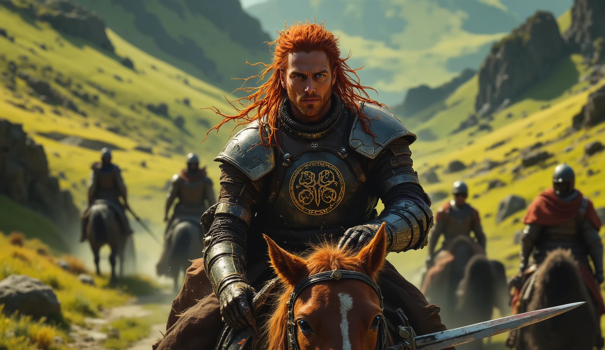 A celtic knight riding on his horse. He is marching with his sword forward.Intricate face details. He has ginger long hair and blue eyes. Side view from above.