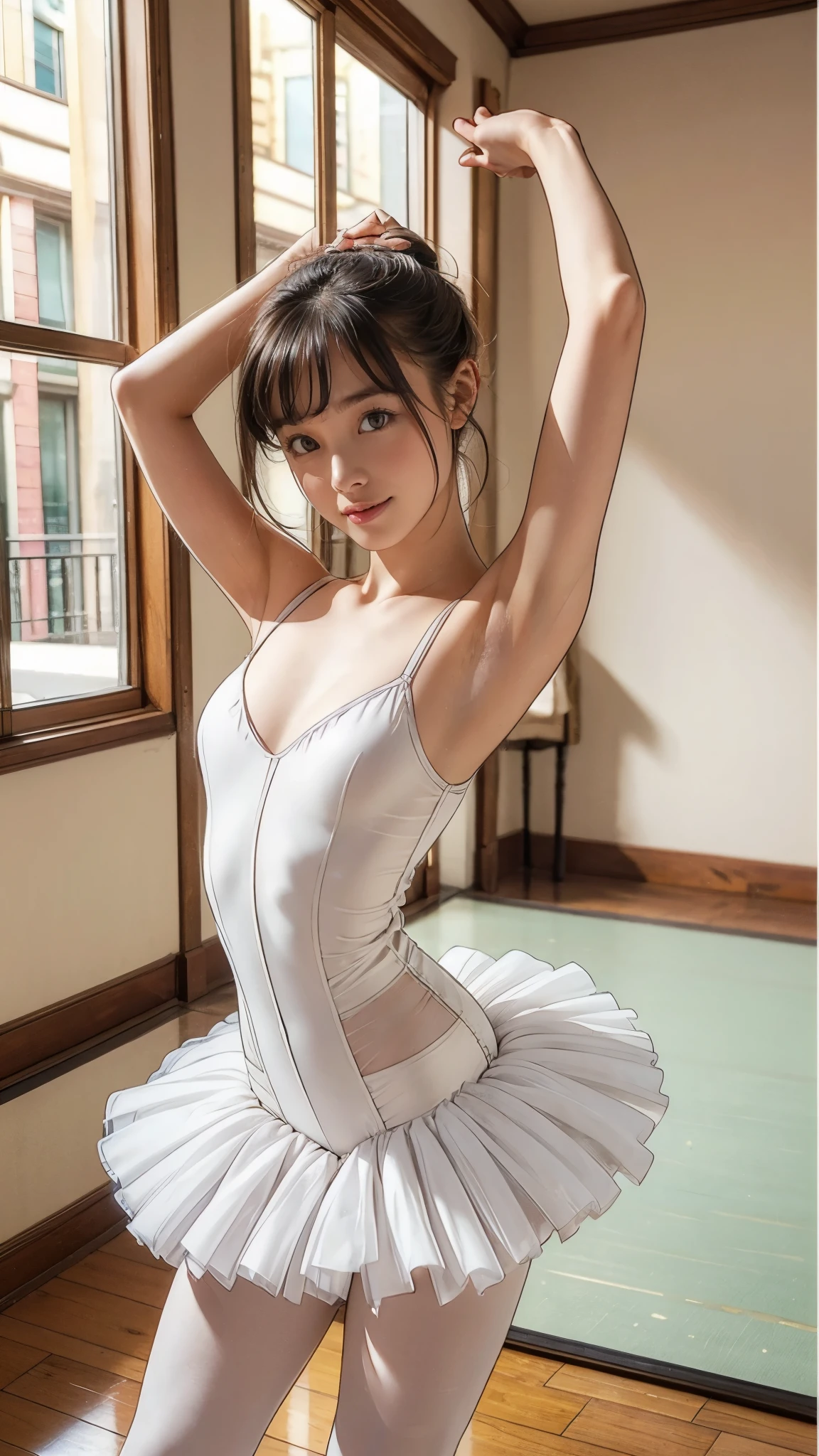 最high quality, High resolution, Photorealistic, Perfect Anatomy, Very detailed, Detailed face, Detailed body, high quality, Ballet Dancer, Tutu, pretty girl, :1.4, Young face, Small breasts, ballerina, Very slim:1.5, Very thin waist:1.4, Sexy standing pose, Raise your arms:1.4, Show your armpits:1.4, Ballet dance room