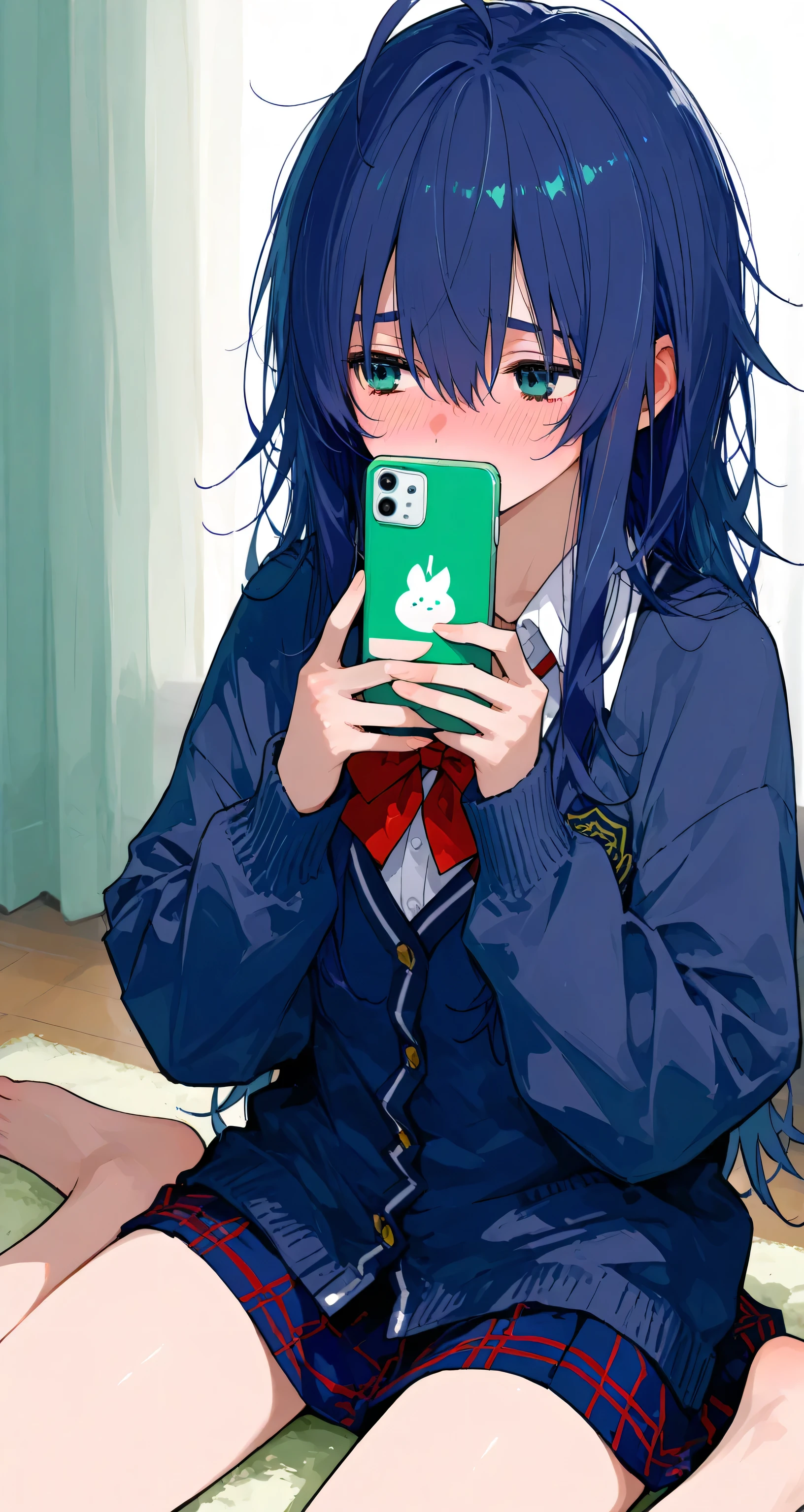 School uniform, dark blue cardigan, red bowtie, dark blue hair, long hair, messy hair, ahoge, hairs between eyes, holding smartphones, smartphones over her mouth, shy, blush, wariza, blue-green eyes, , rond eyebrows, long sleeve white dress shirt, dark blue miniskirt, 1girl, solo, petite gi