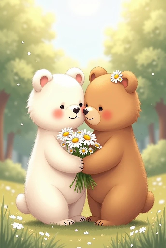 One bear is expressing love by giving a rose to another white bear