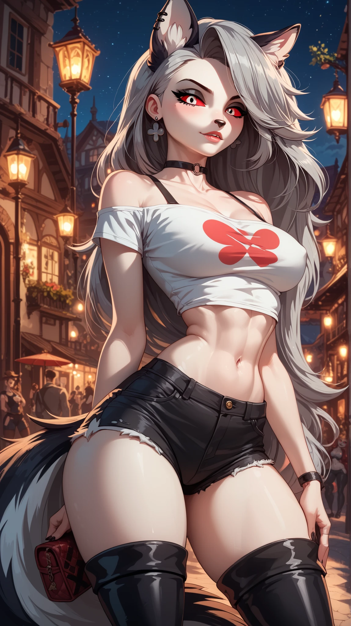 Perfect eyes, perfectly sexy face , extremely detailed, looking at the spectator, red eyes, loona, hazbin hotel, wide hips , animal ear, animal ears , animal nose, tail, shorts brancos, short shorts , thigh boots, short top, apenas_shoulder, Fantasy, night, standing,