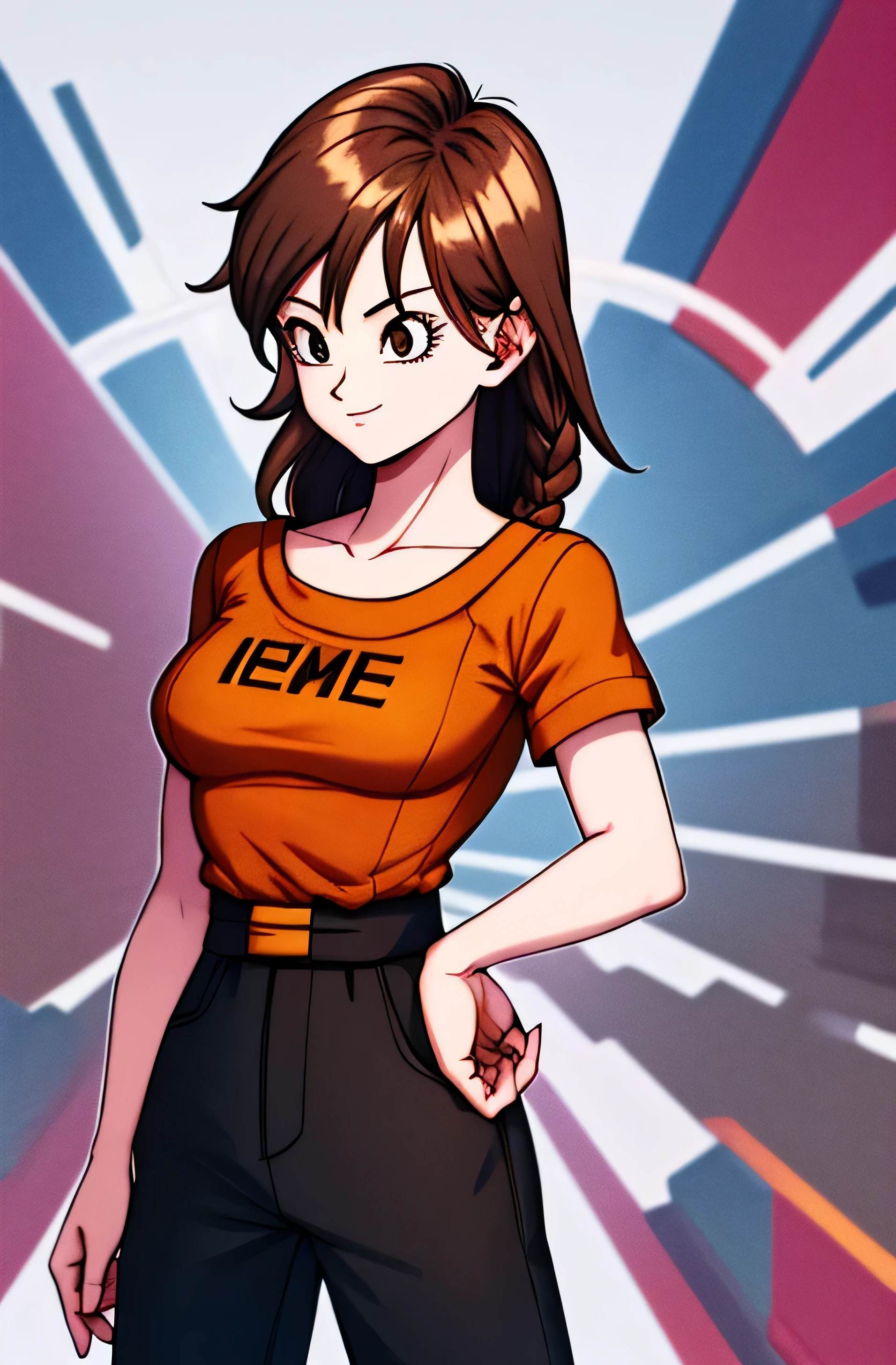 masterpiece, borrowed letter , highres, dragon ball, blmmid, (( brown hair)), crazy hair tied in a braid, Crazy fringe , medium breasts, orange shirt, black pants, tiro de cowboy, in a bustling Cyberpunk city , with neon signs , standing, Upper body, ((Waist)), saying goodbye with the hand gesture , heart, smile.Woman with a slightly stronger posture brown eyes very long curly hair